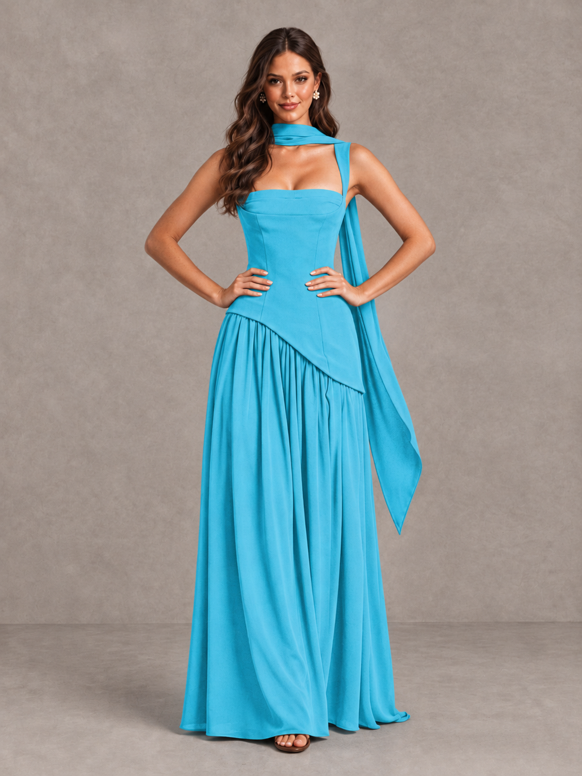 BOLODOO Pool Brown Scarf Bridesmaid Dress with Lace-Up Back - Pool - Pool (4)