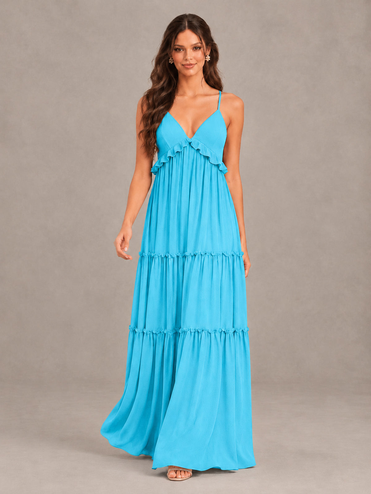 BOLODOO Pool Tiered V-Neck Lace-Up Back Bridesmaid Dress - Pool - Pool (4)