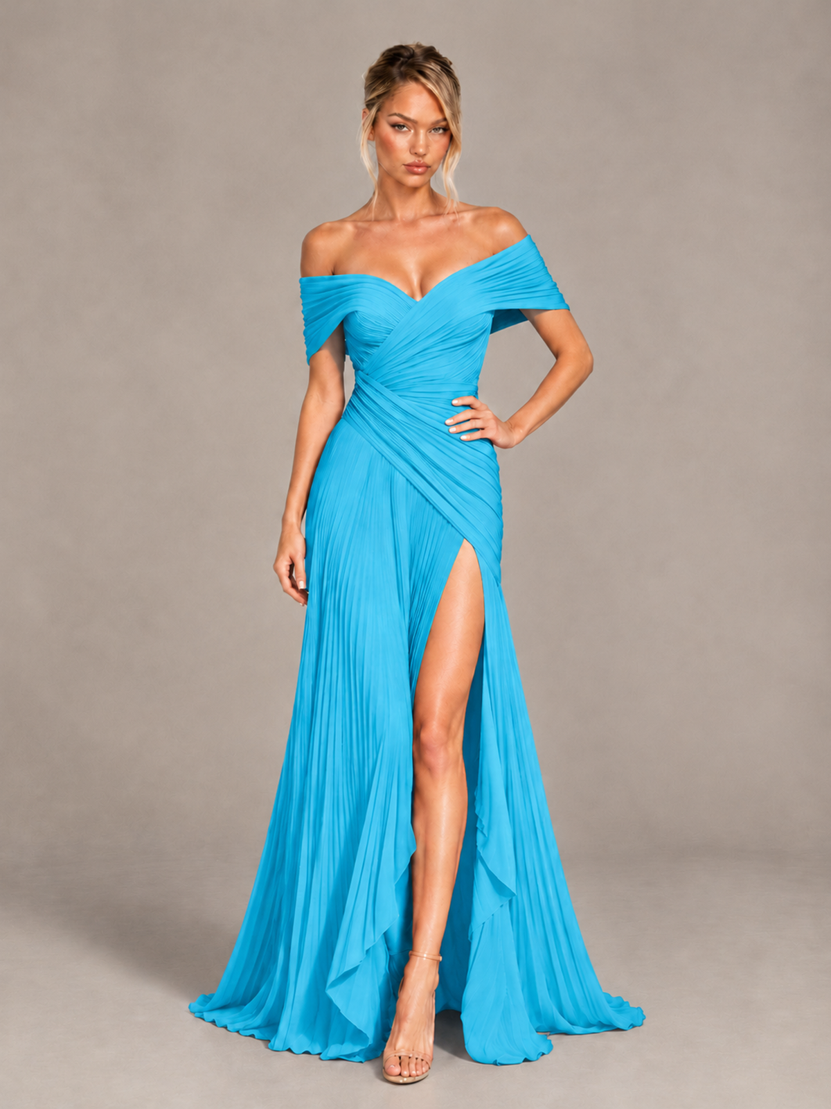 BOLODOO Pool Off-Shoulder Ruched Pleated Maxi Dress with High Slit - Pool - Pool (4)