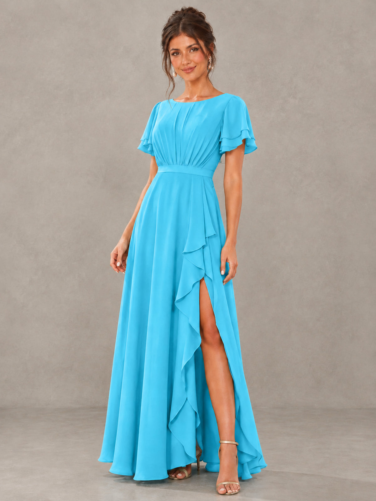 BOLODOO Pool Flutter Sleeve Ruffle Bridesmaid Dress with Slit - Pool - Pool (4)