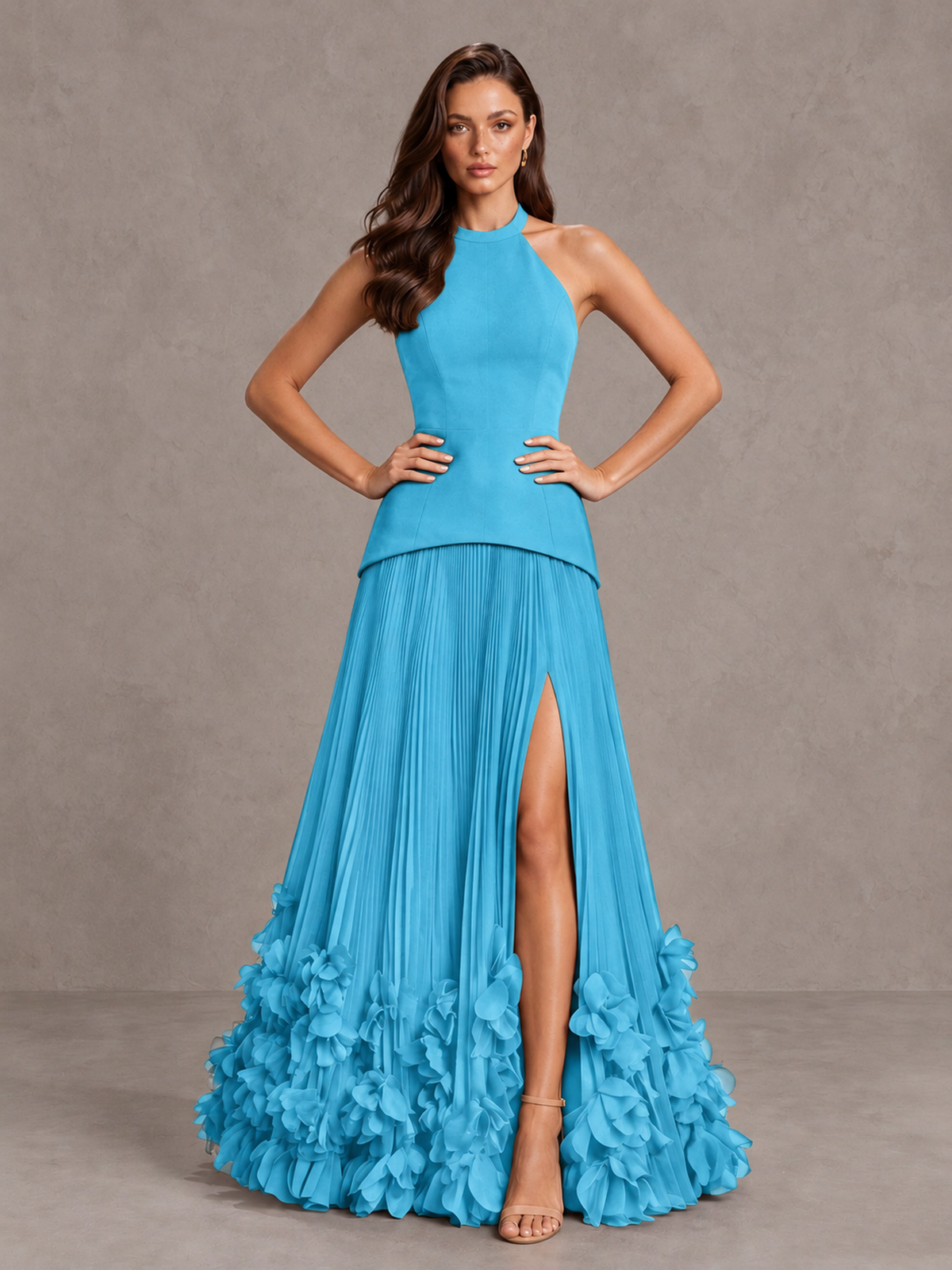 BOLODOO Pool Halter Neck Floor-Length Evening Gown with High Slit & 3D Floral Hem - Pool - Pool (4)