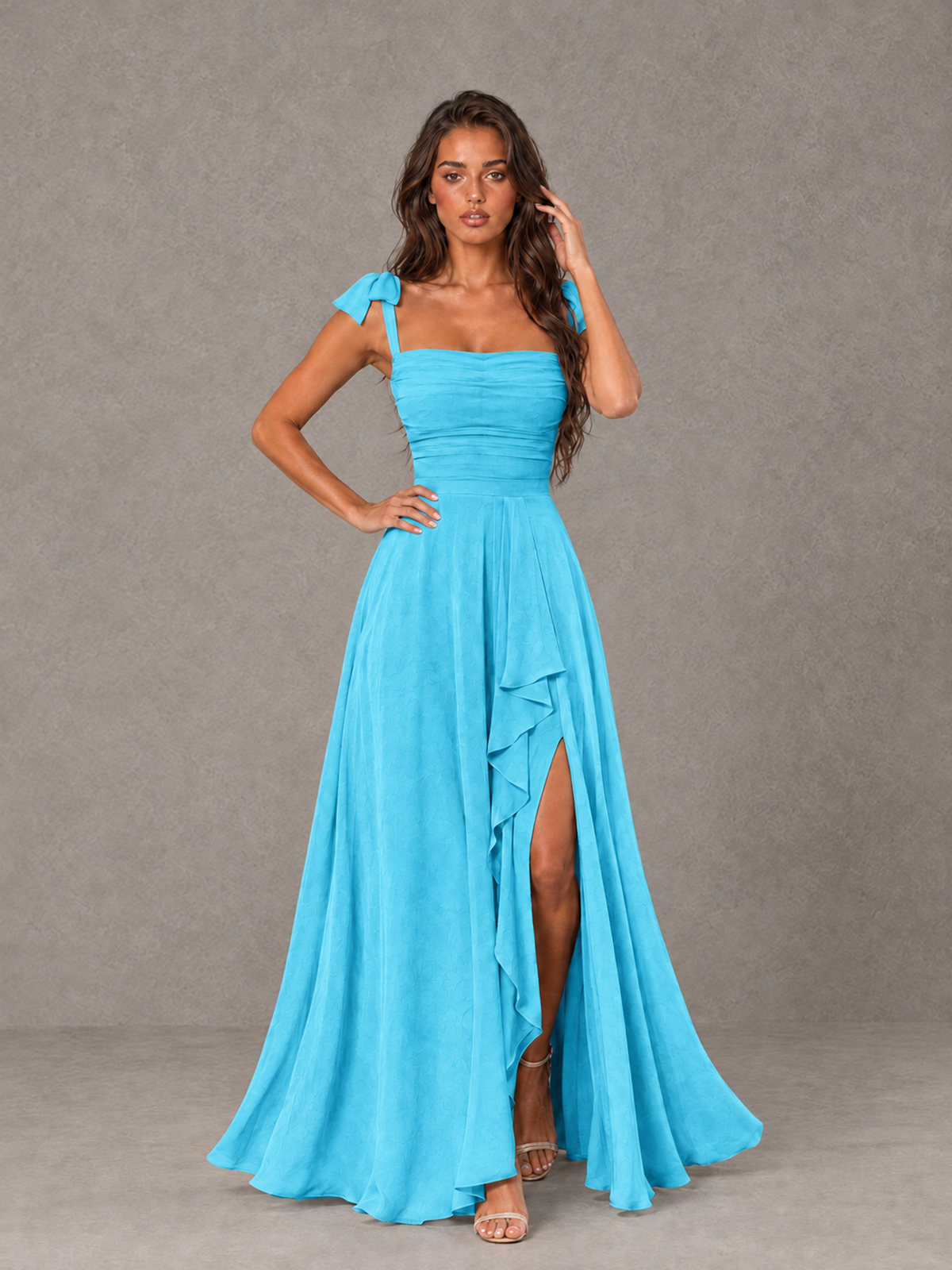 BOLODOO Pool Bow-Strap Bridesmaid Dress with Ruffle Slit - Pool - Pool (4)