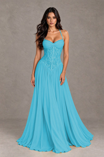 BOLODOO Pool Lace Corset Halter Maxi Gown – Backless A-Line Formal Dress 