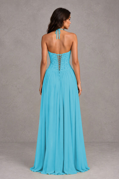 BOLODOO Pool Lace Corset Halter Maxi Gown – Backless A-Line Formal Dress 