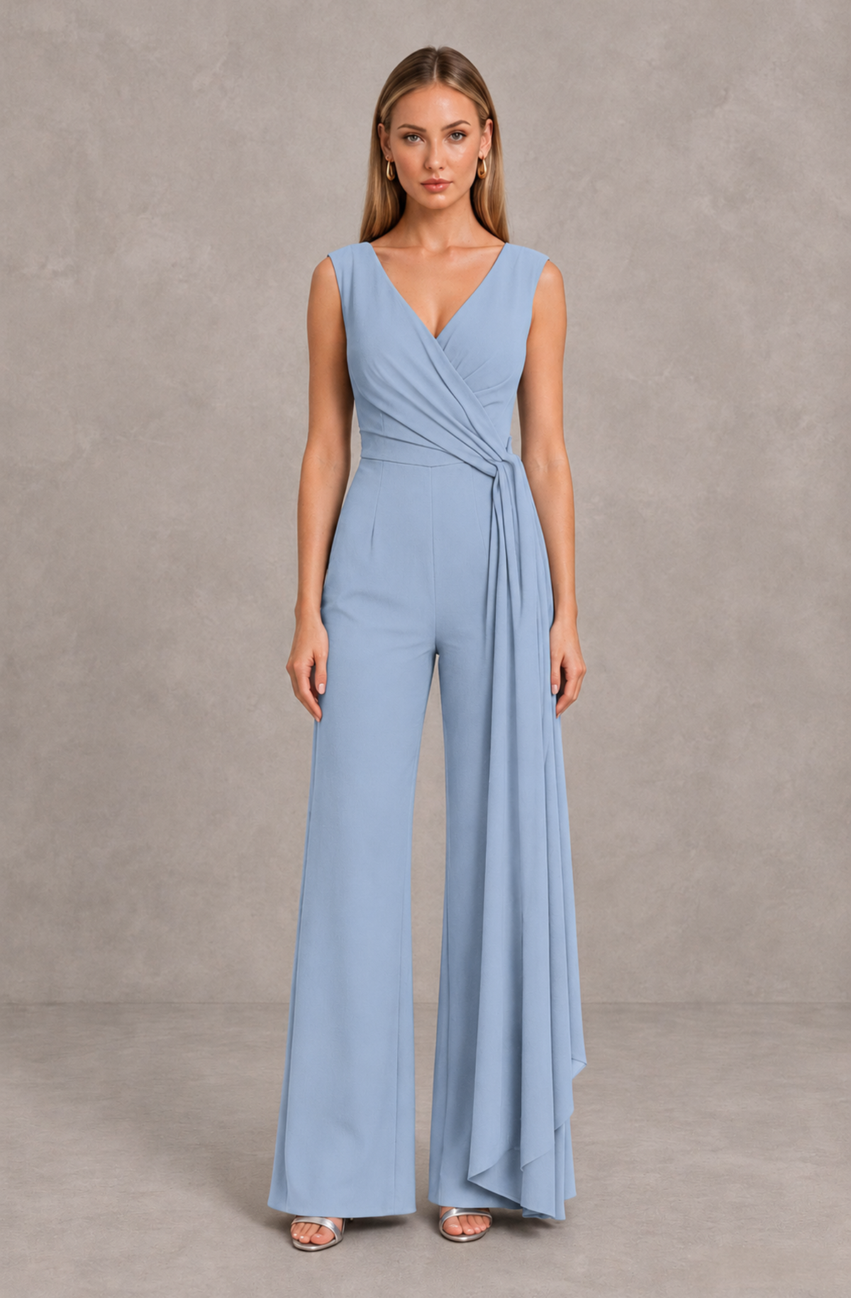 BOLODOO Powder Blue Sleeveless V-Neck Wide-Leg Jumpsuit with Side Drape - Powder Blue - Powder Blue_01