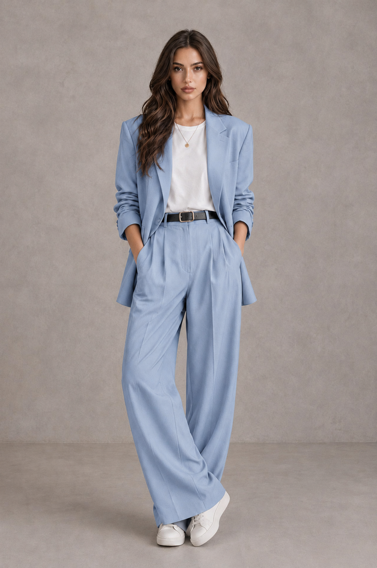 BOLODOO Powder Blue Brown Blazer & Wide-Leg Pants Suit for Women - Powder Blue - Powder Blue_01