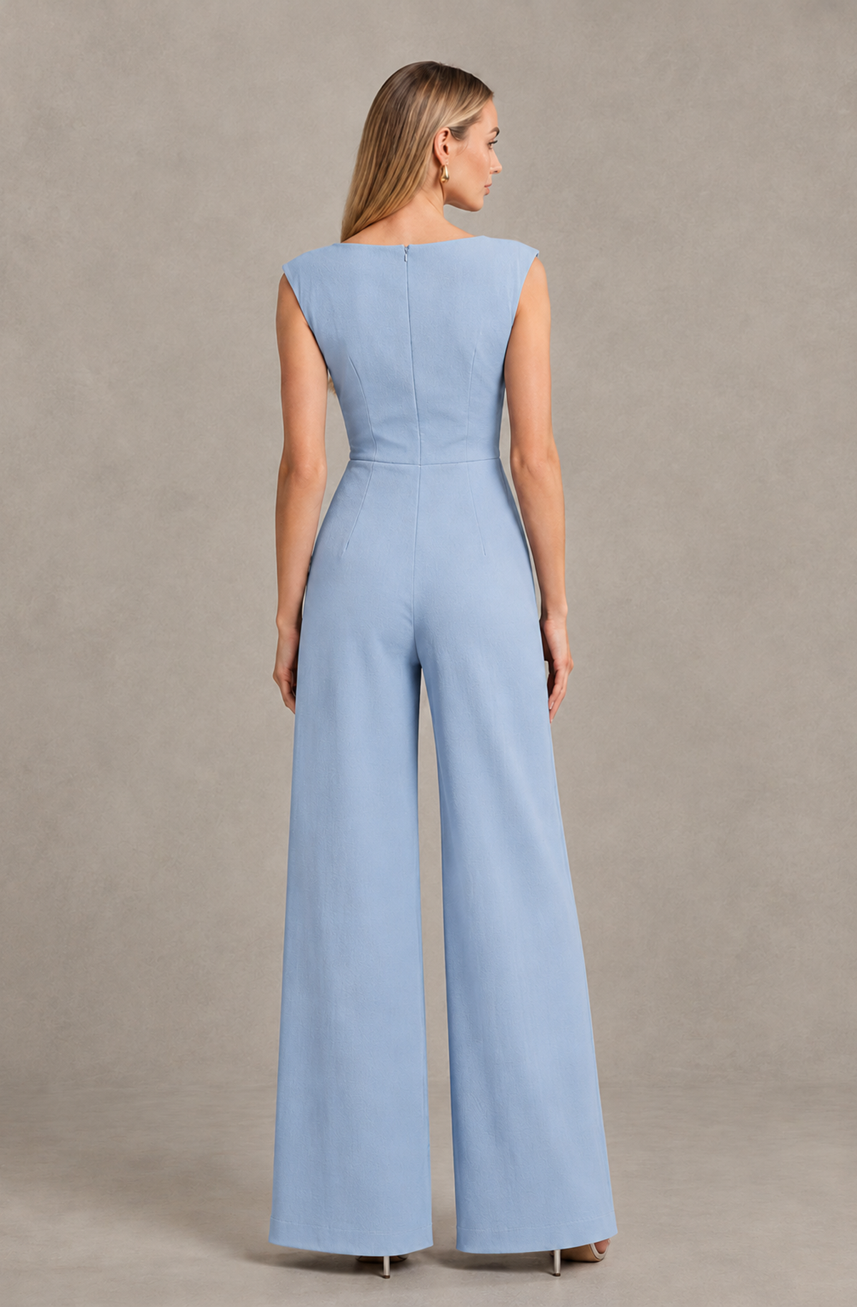 BOLODOO Powder Blue Sleeveless V-Neck Wide-Leg Jumpsuit with Side Drape - Powder Blue - Powder Blue_02