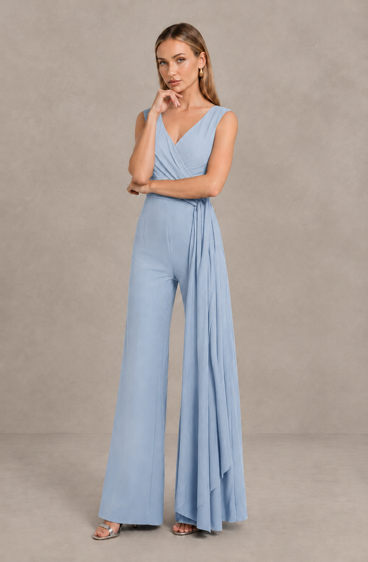 BOLODOO Powder Blue Sleeveless V-Neck Wide-Leg Jumpsuit with Side Drape - Powder Blue - Powder Blue_03