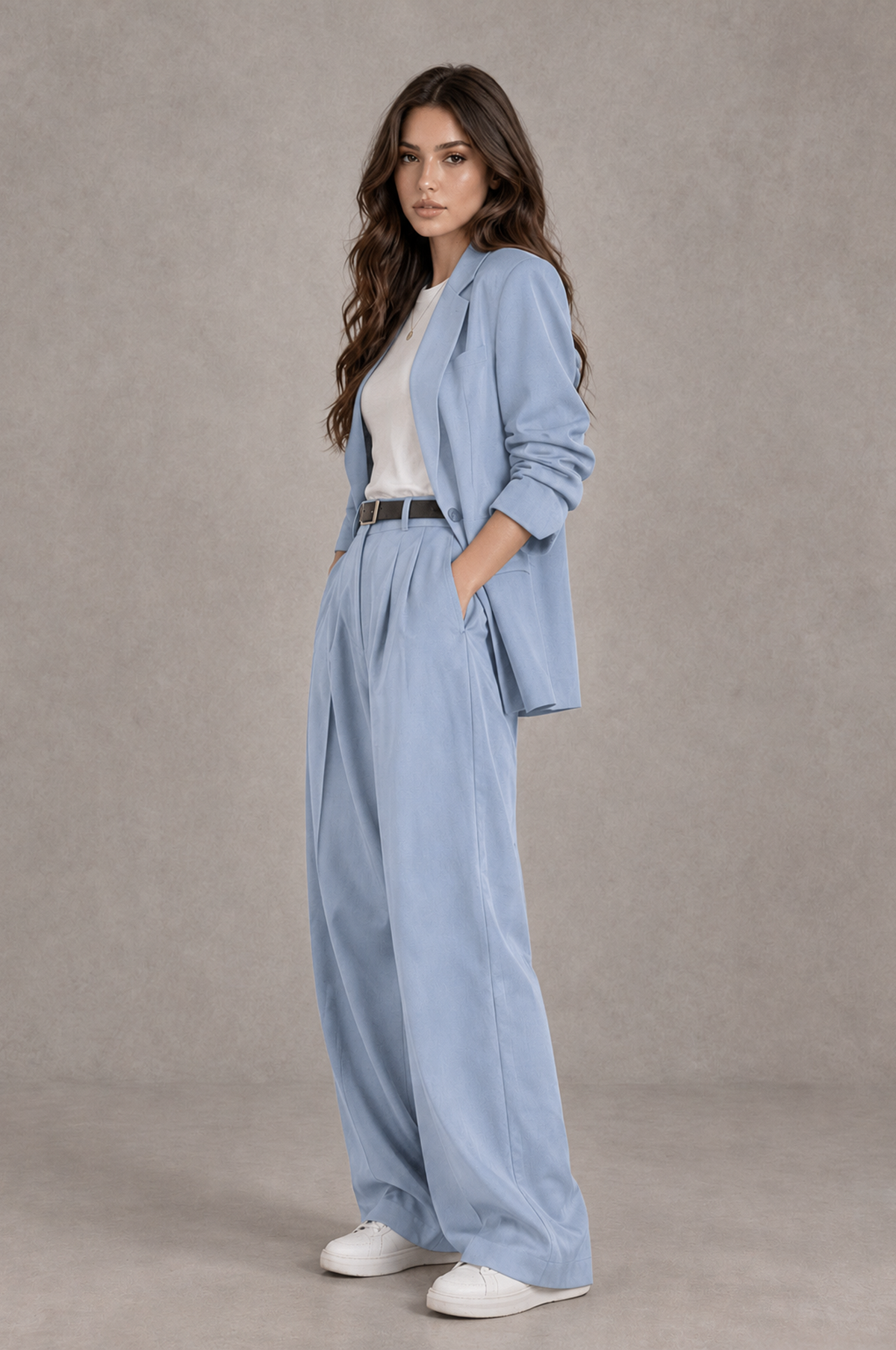 BOLODOO Powder Blue Brown Blazer & Wide-Leg Pants Suit for Women - Powder Blue - Powder Blue_03