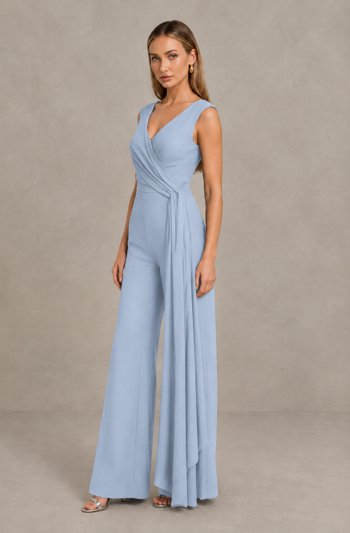 BOLODOO Powder Blue Sleeveless V-Neck Wide-Leg Jumpsuit with Side Drape - Powder Blue - Powder Blue_04