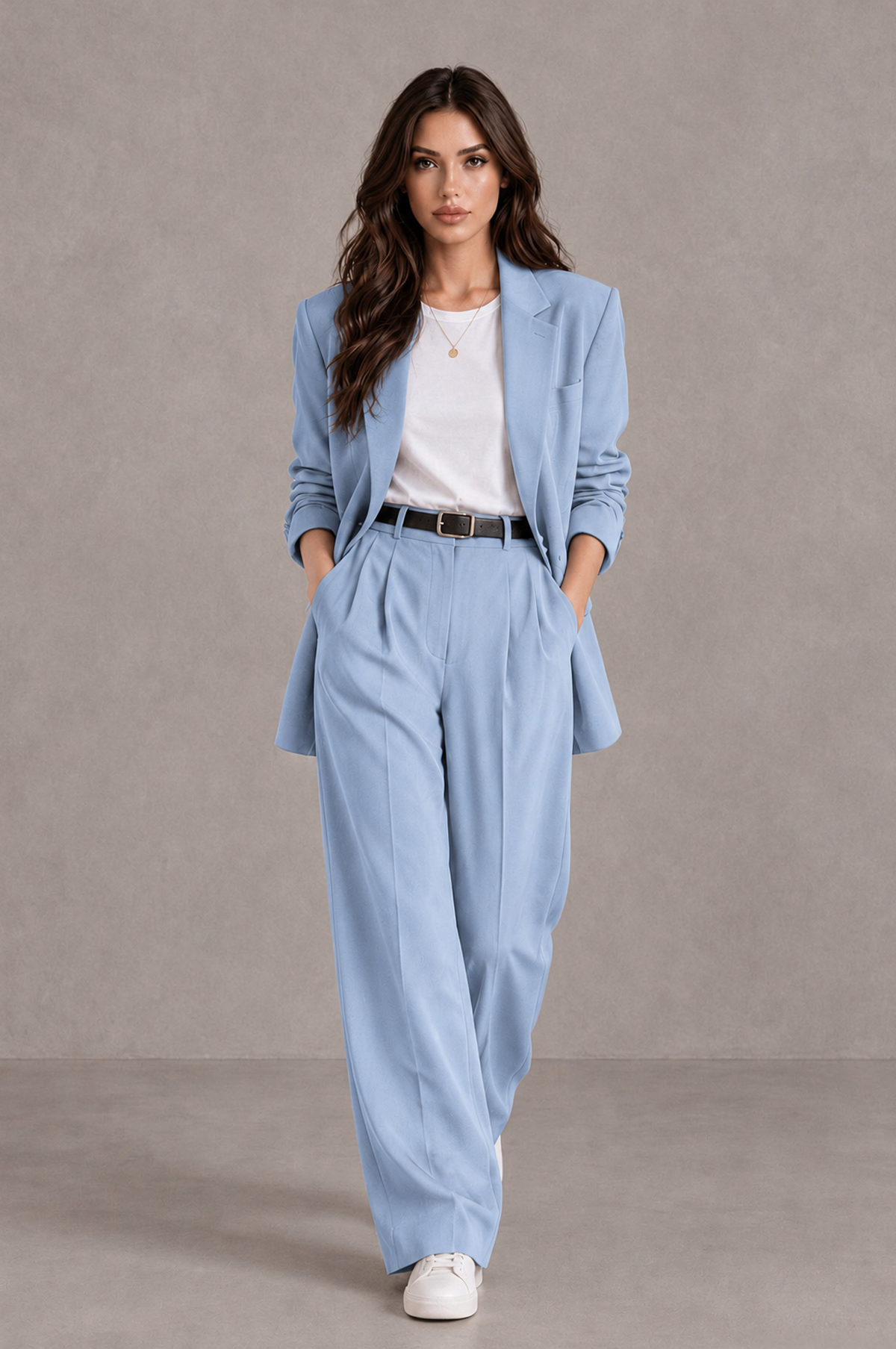 BOLODOO Powder Blue Brown Blazer & Wide-Leg Pants Suit for Women - Powder Blue - Powder Blue_04
