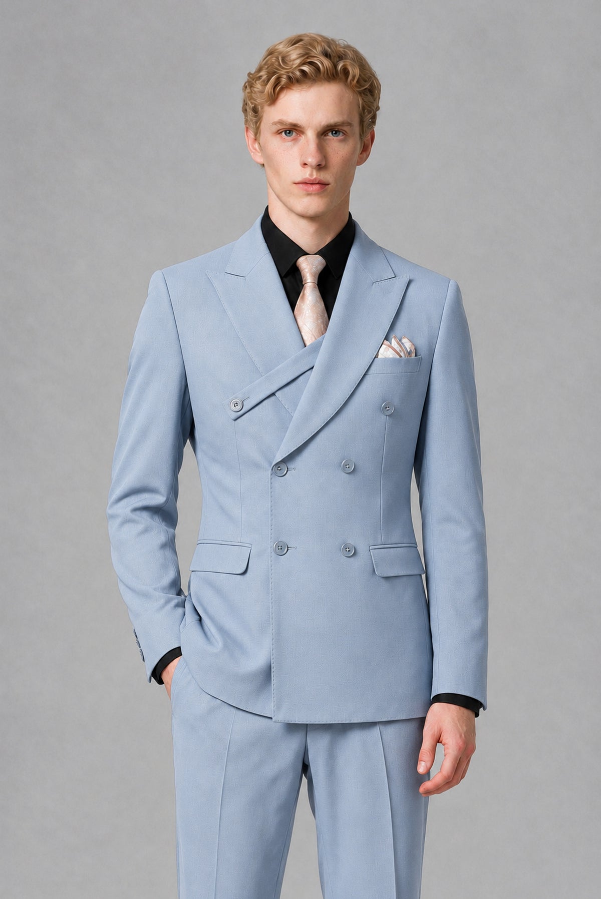 BOLODOO Men's Powder Blue Double-Breasted Two-Piece Suit – Jacket & Trousers - Powder Blue