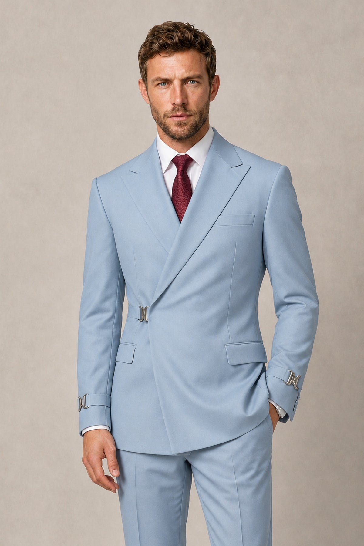 BOLODOO Men's Powder Blue Double-Breasted 2-Piece Suit Set – Blazer & Tailored Trousers - Powder Blue