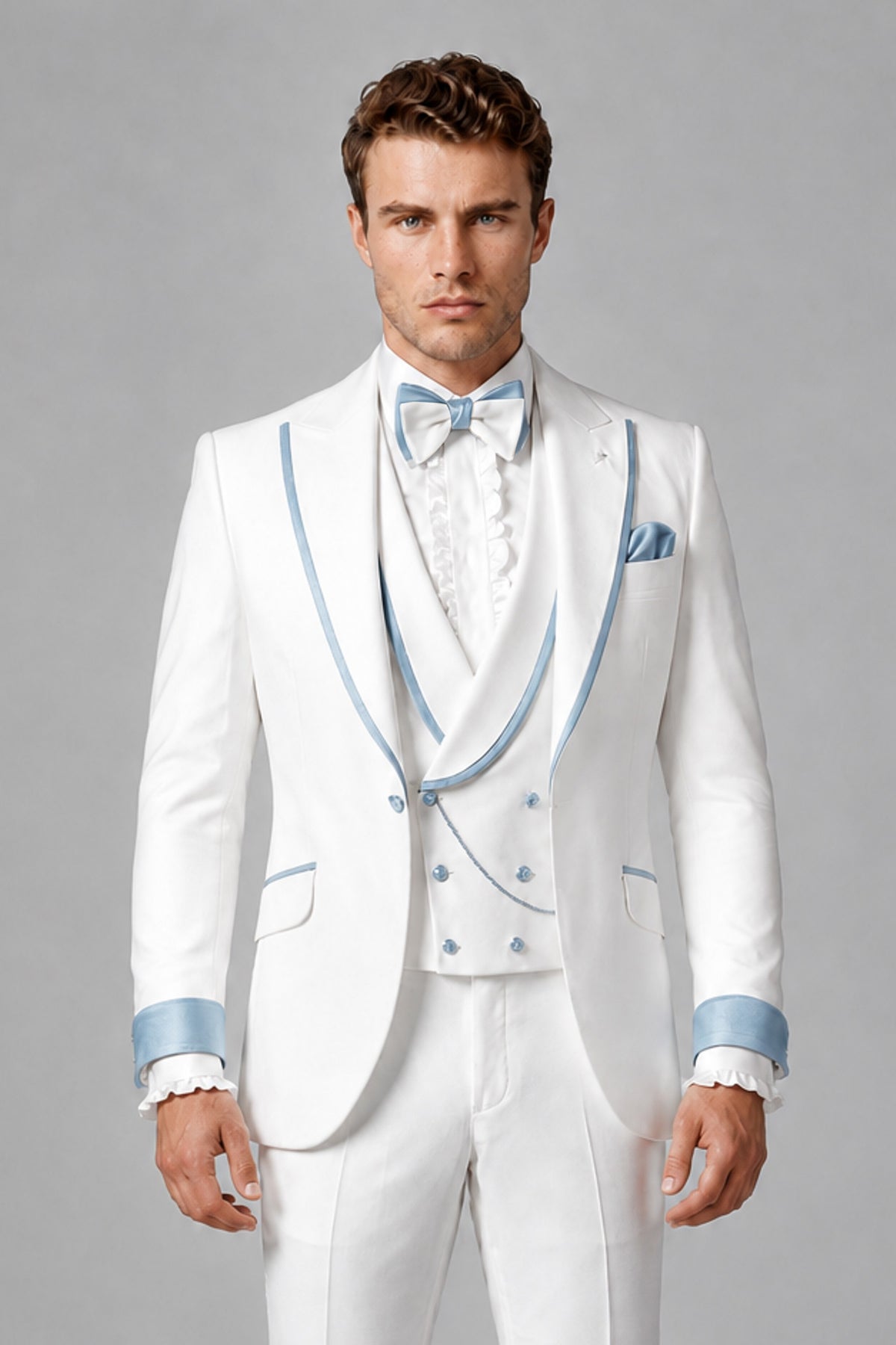 Bolodoo Men's White and Powder Blue Three-Piece Wedding Tuxedo Suit - Powder Blue - Powder Blue_1