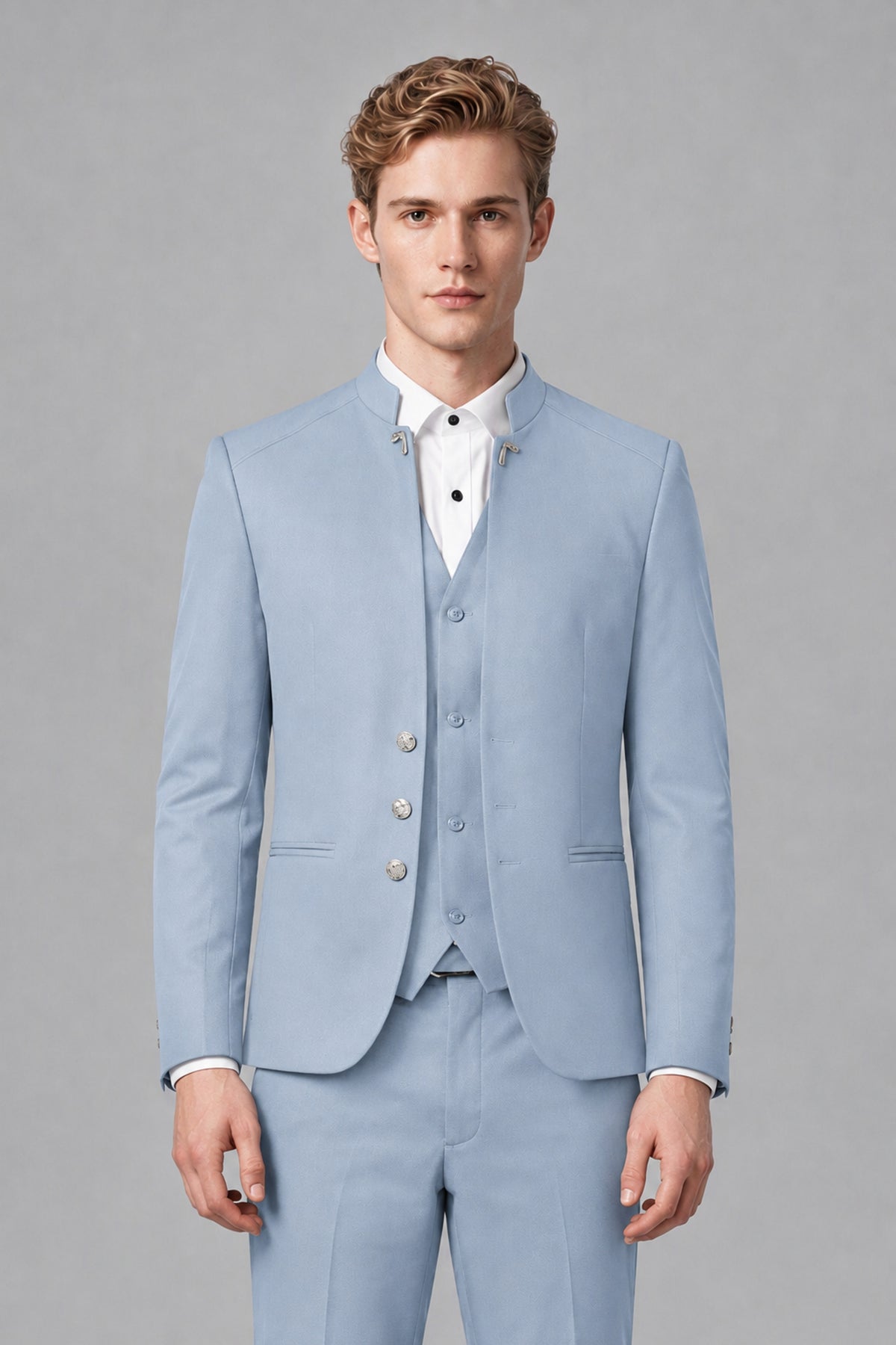 Bolodoo Men's Powder Blue Mandarin Collar 3-Piece Suit – Jacket, Vest & Trousers - Powder Blue - Powder Blue_1