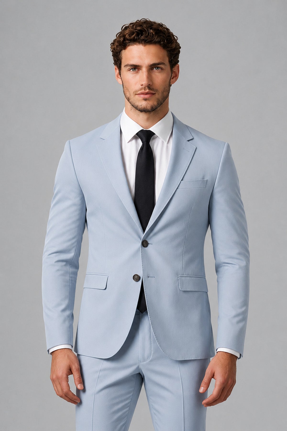 Bolodoo Men's Powder Blue Two-Piece Suit with Notch-Lapel Jacket & Trousers - Powder Blue - Powder_Blue_1
