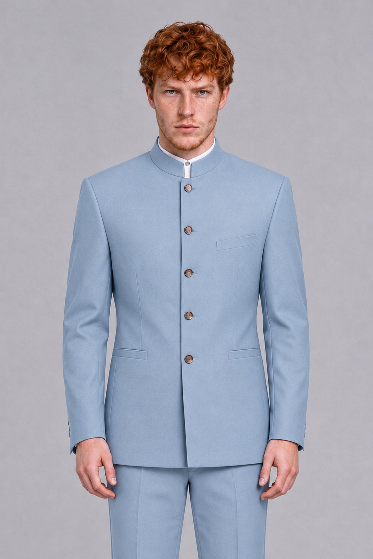 BOLODOO Men's Powder Blue Mandarin Collar Two-Piece Suit - Powder Blue - Powder Blue_1
