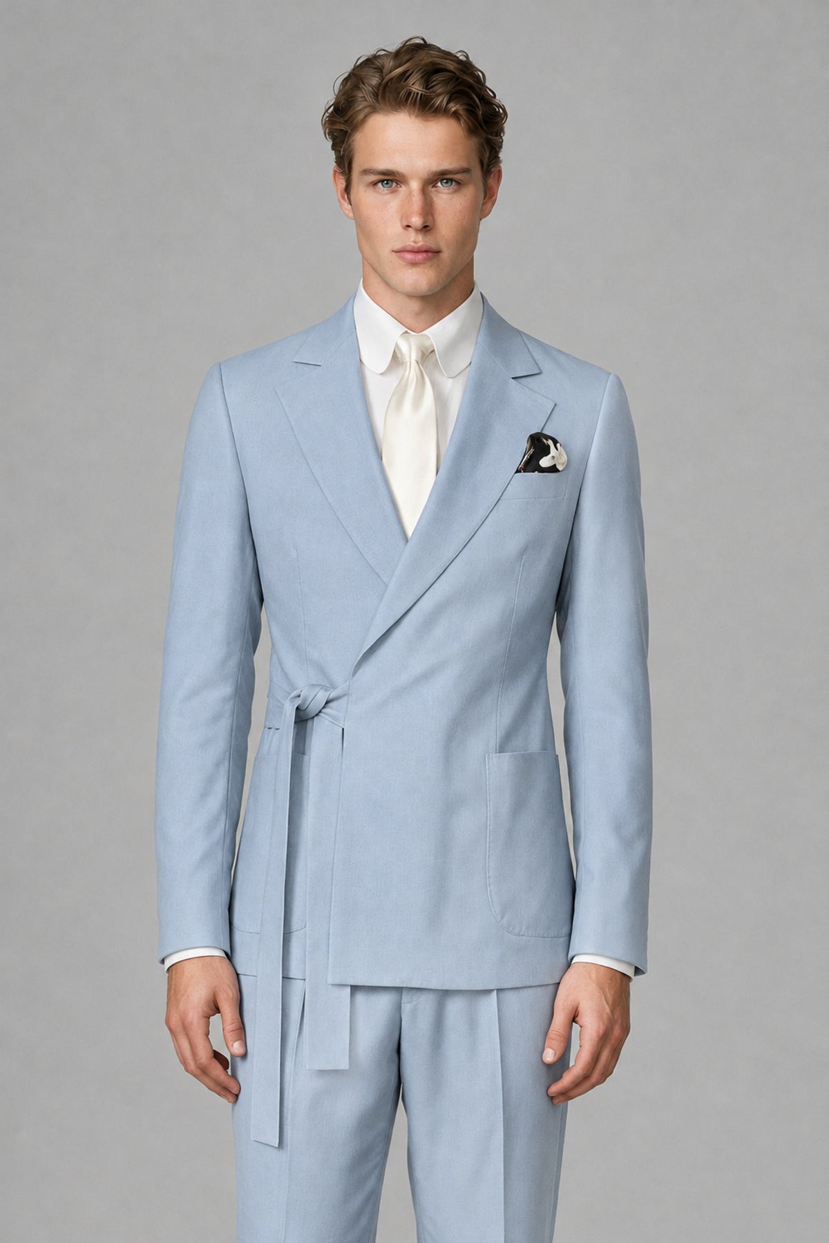 Bolodoo Men's Powder Blue Wrap Tie-Waist Two-Piece Suit – Jacket & Trousers - Powder Blue - Powder Blue_1