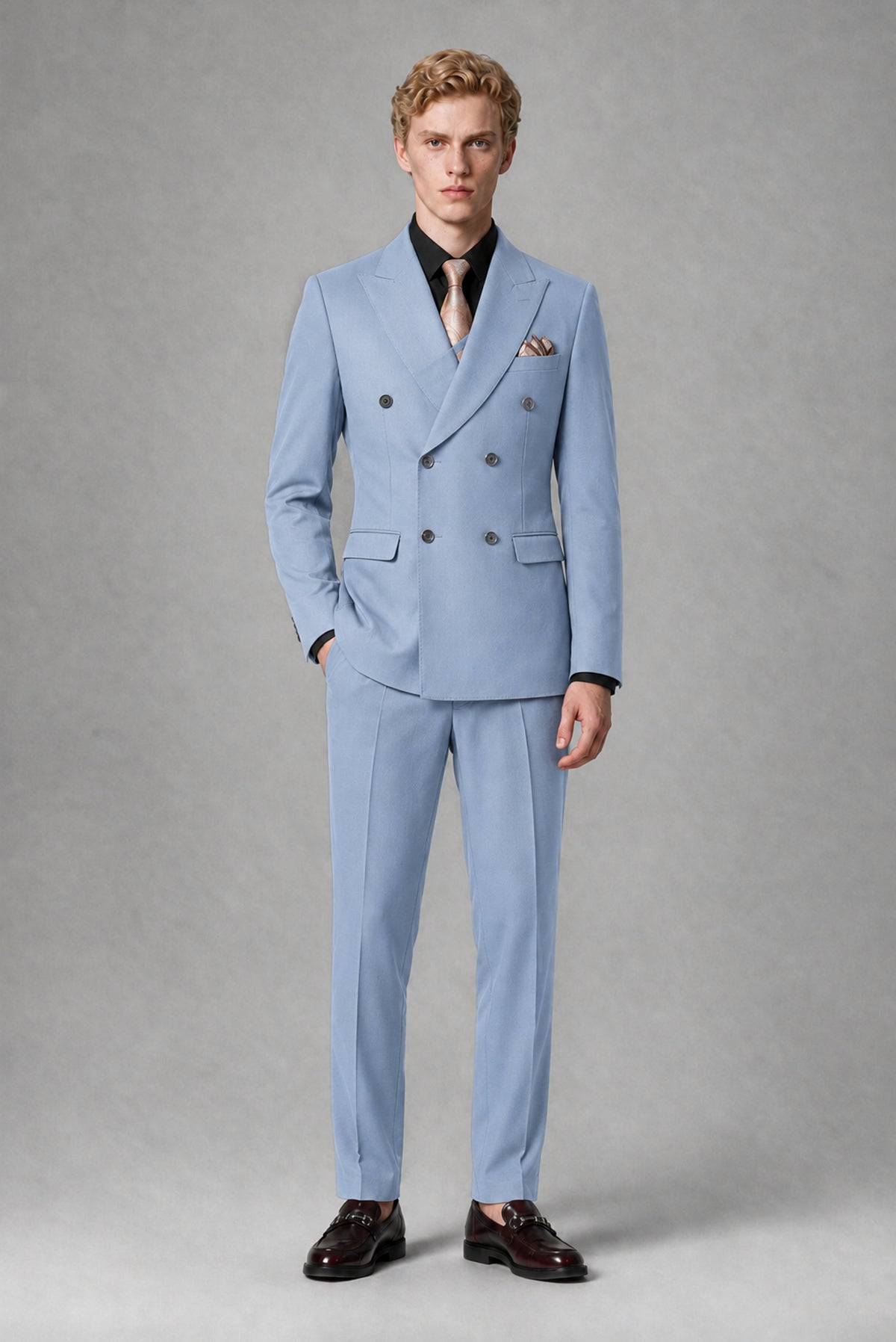 BOLODOO Men's Powder Blue Double-Breasted Two-Piece Suit – Jacket & Trousers - Powder Blue
