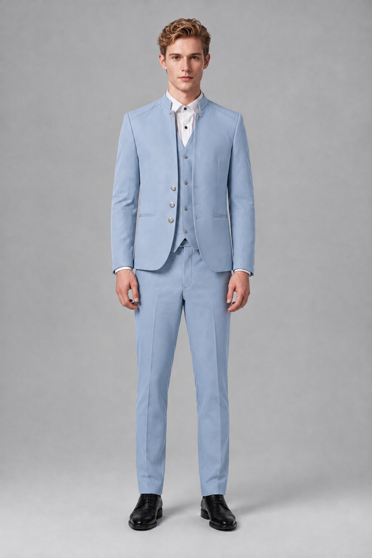Bolodoo Men's Powder Blue Mandarin Collar 3-Piece Suit – Jacket, Vest & Trousers - Powder Blue - Powder Blue_2