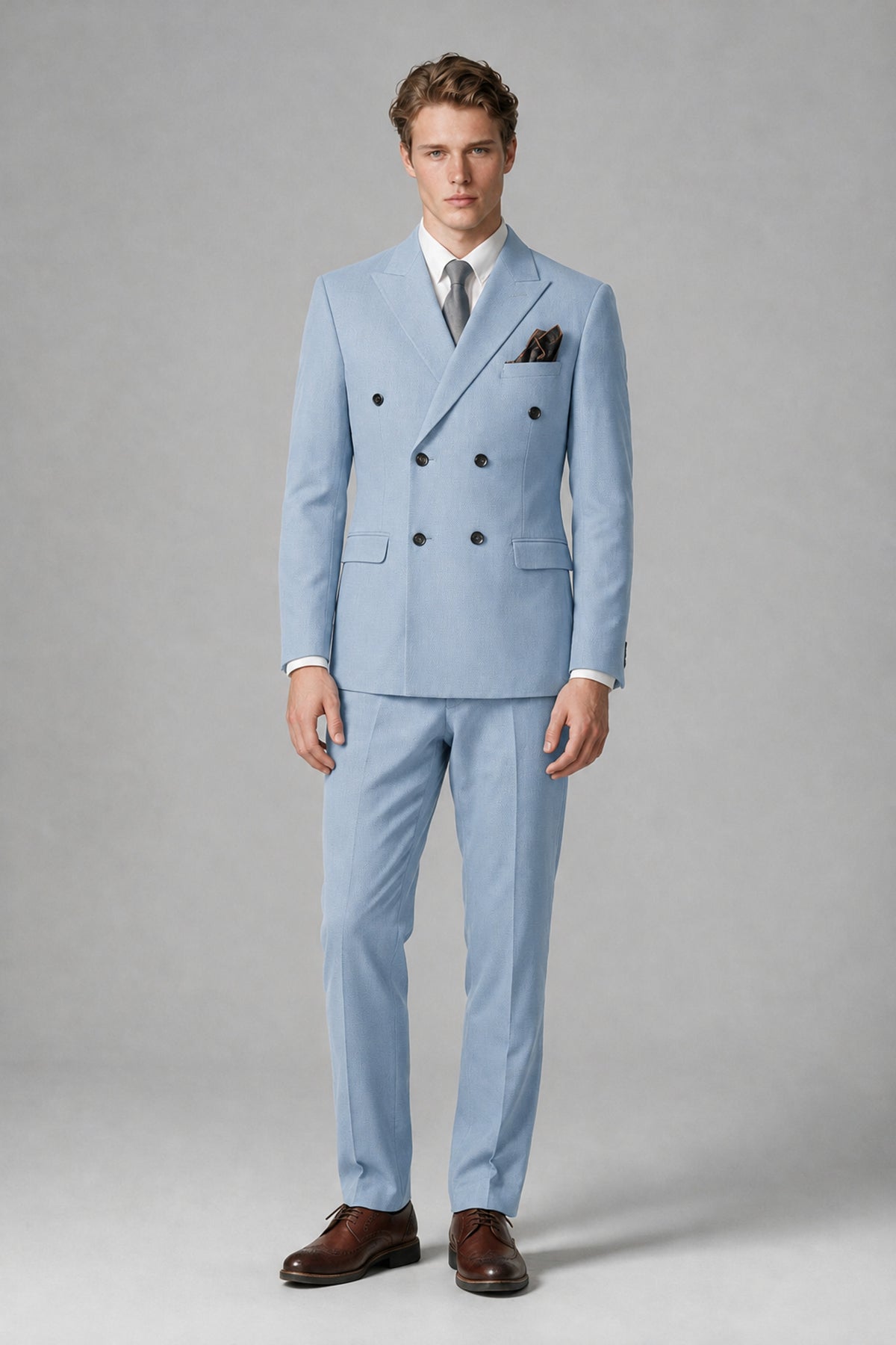Bolodoo Men's Powder Blue Double-Breasted Two-Piece Suit with Peak Lapels - Powder Blue - Powder Blue_2