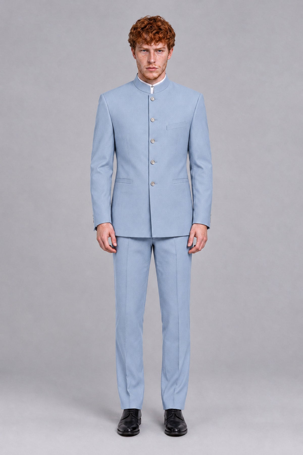 BOLODOO Men's Powder Blue Mandarin Collar Two-Piece Suit - Powder Blue - Powder Blue_2
