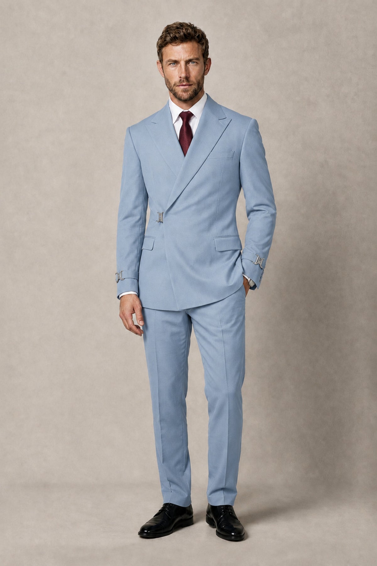 BOLODOO Men's Powder Blue Double-Breasted 2-Piece Suit Set – Blazer & Tailored Trousers - Powder Blue