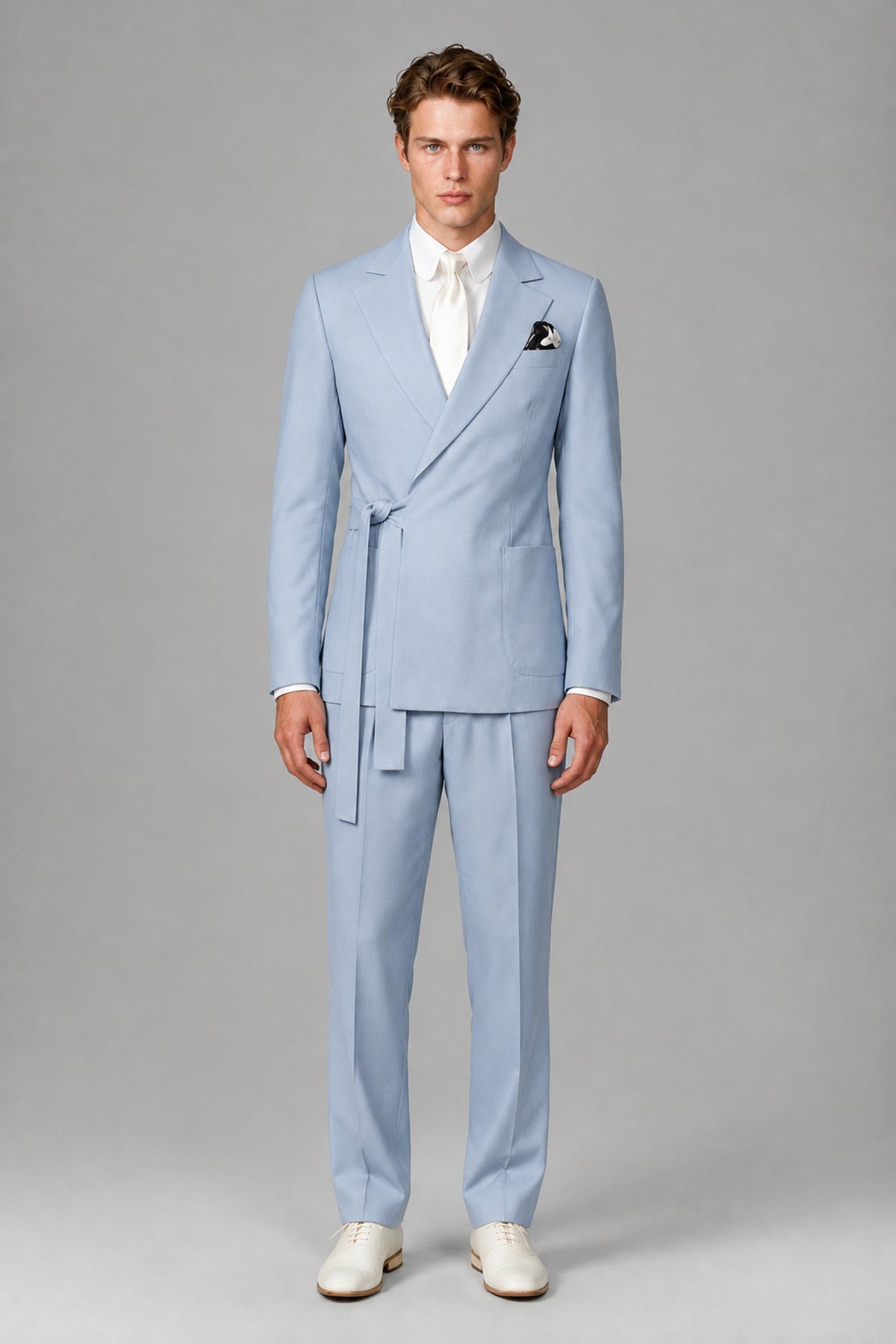 Bolodoo Men's Powder Blue Wrap Tie-Waist Two-Piece Suit – Jacket & Trousers - Powder Blue - Powder Blue_2