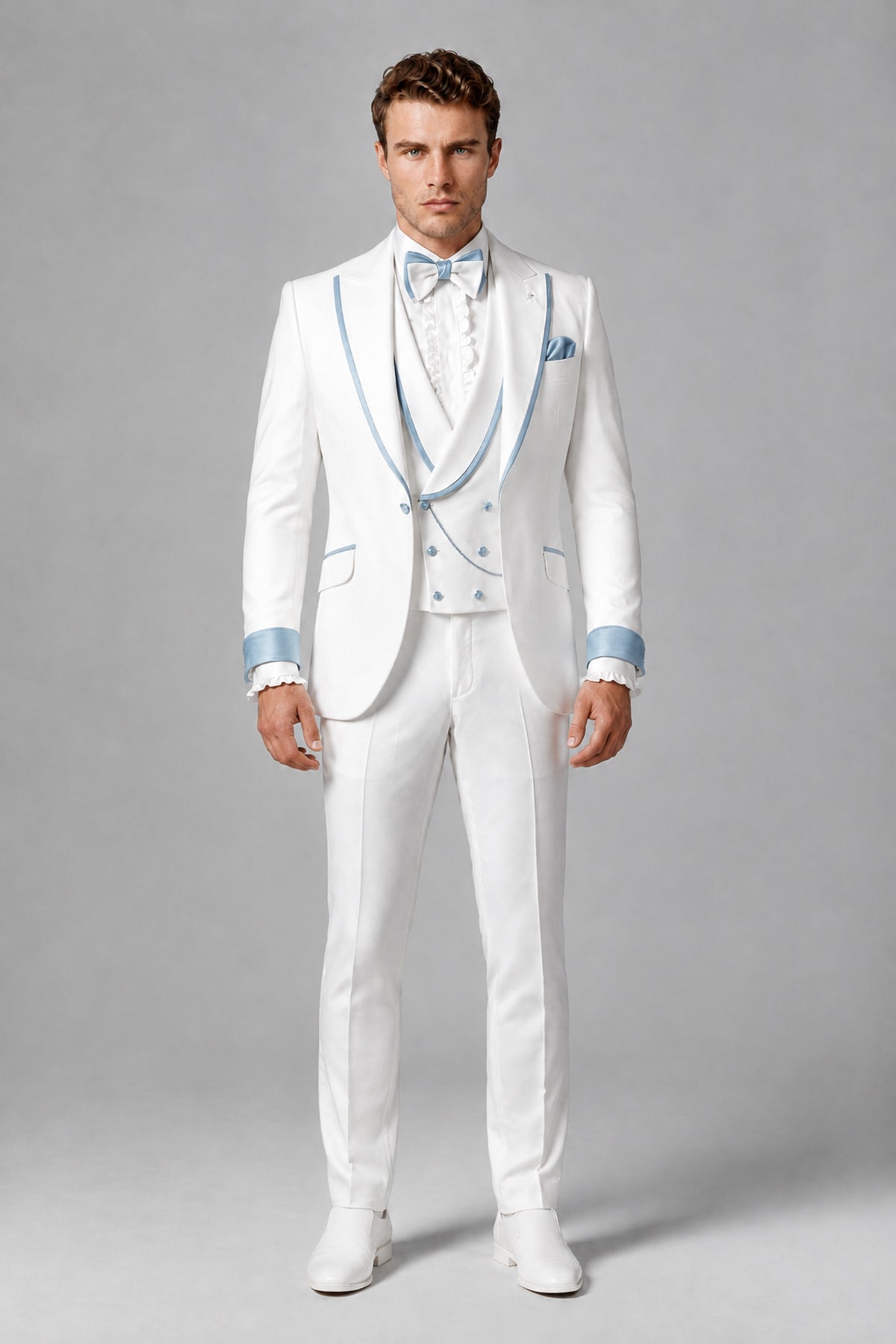 Bolodoo Men's White and Powder Blue Three-Piece Wedding Tuxedo Suit - Powder Blue - Powder Blue_2