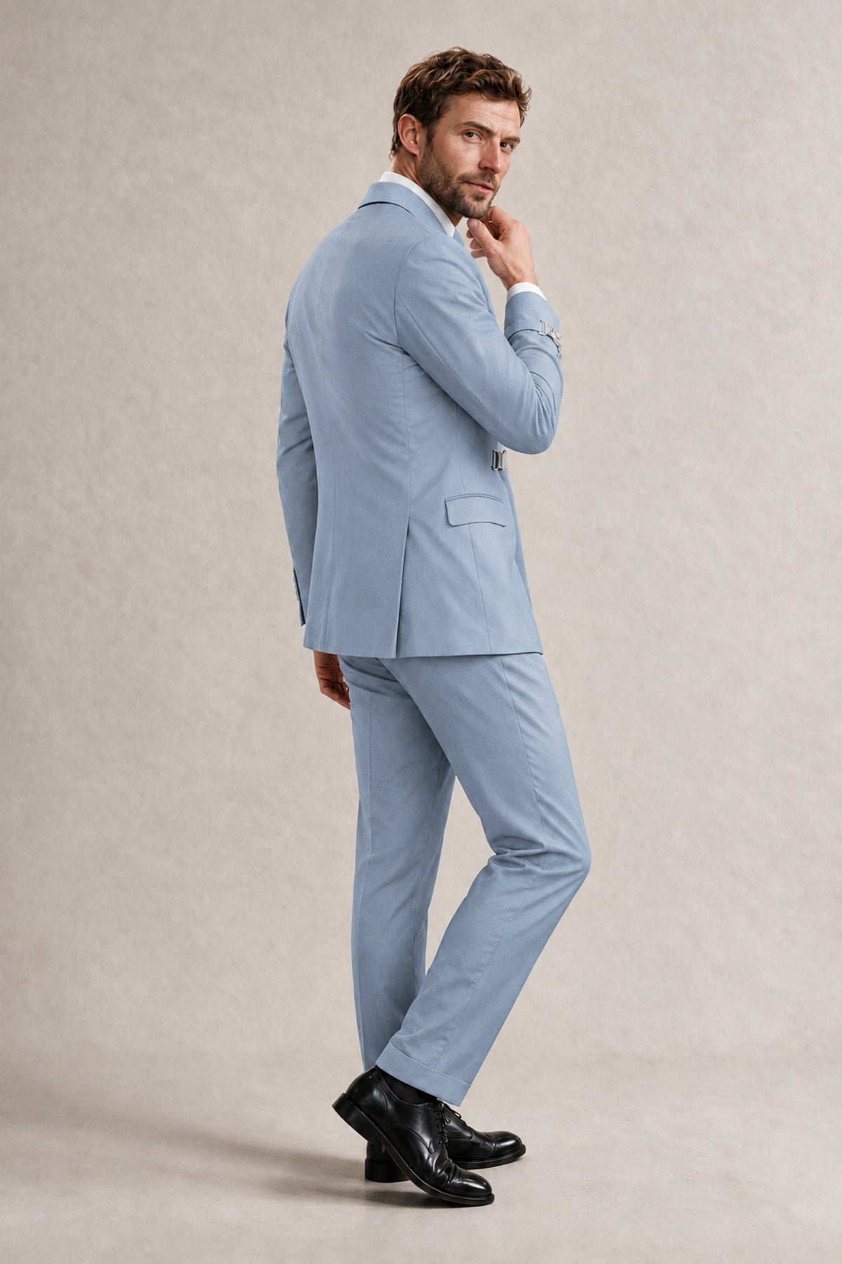 BOLODOO Men's Powder Blue Double-Breasted 2-Piece Suit Set – Blazer & Tailored Trousers - Powder Blue