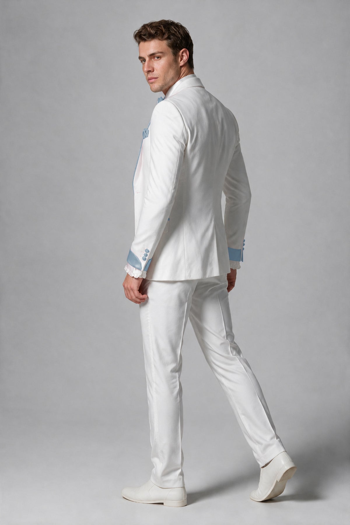Bolodoo Men's White and Powder Blue Three-Piece Wedding Tuxedo Suit - Powder Blue - Powder Blue_3