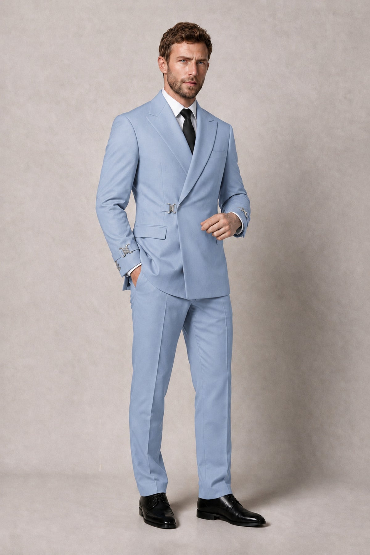 BOLODOO Men's Powder Blue Double-Breasted 2-Piece Suit Set – Blazer & Tailored Trousers - Powder Blue