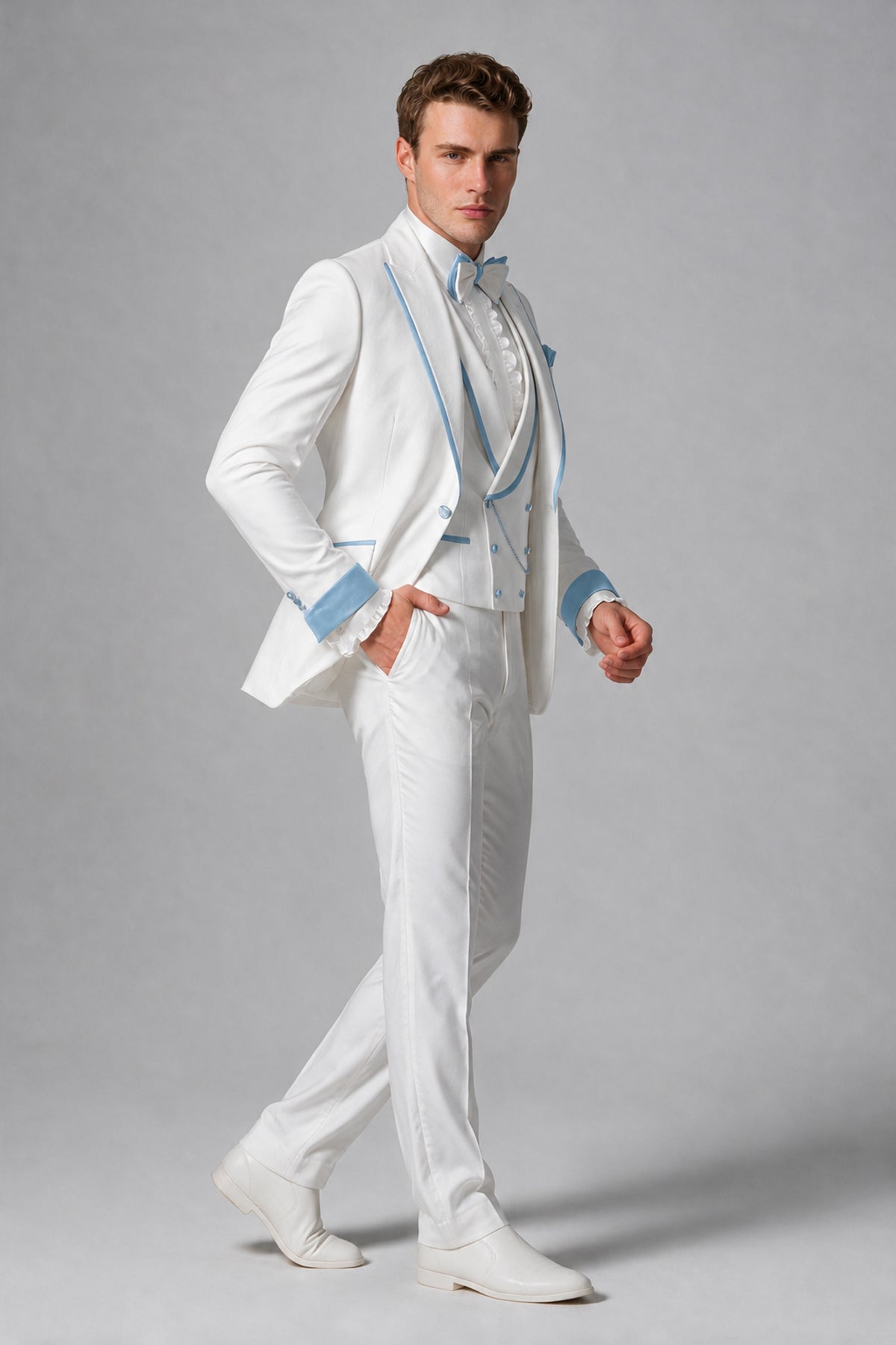 Bolodoo Men's White and Powder Blue Three-Piece Wedding Tuxedo Suit - Powder Blue - Powder Blue_4