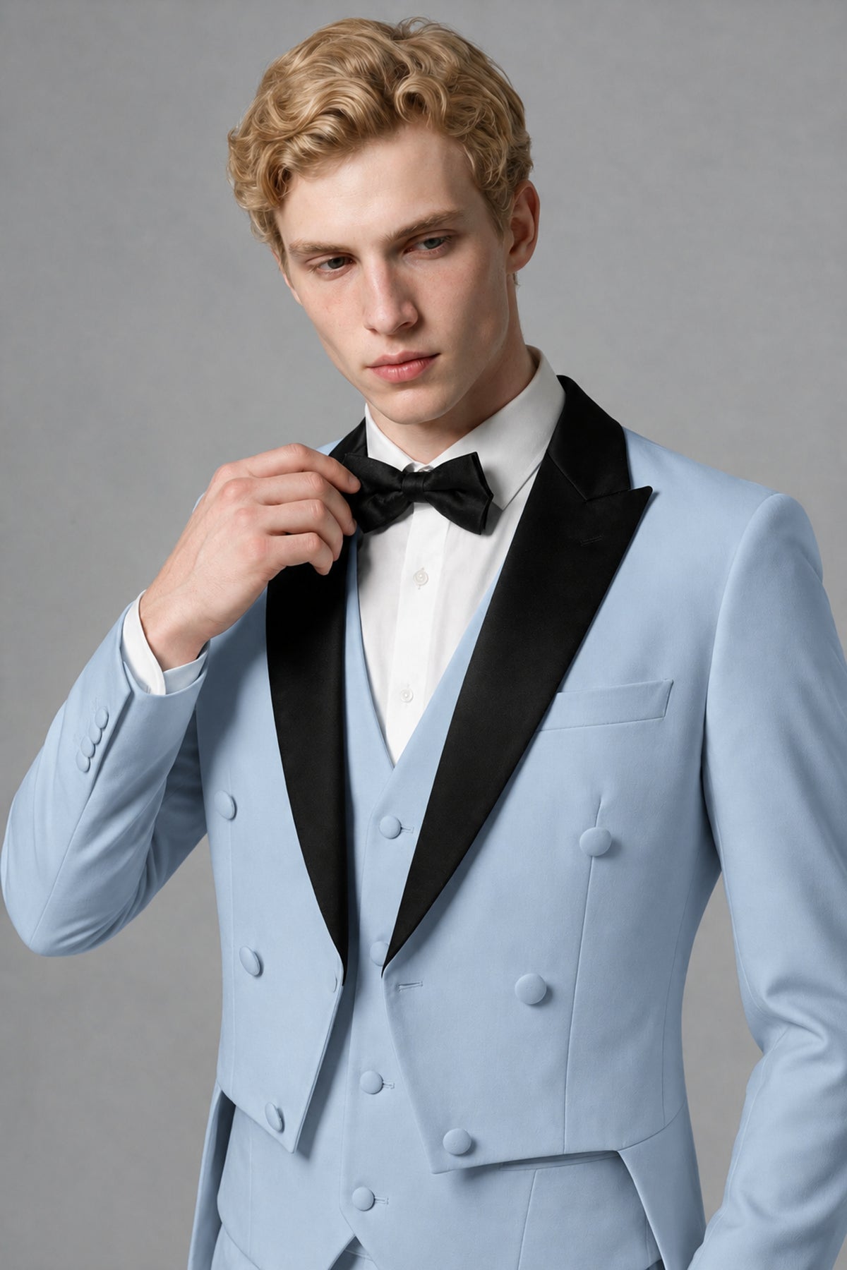 Bolodoo Men's Powder Blue 3-Piece Tailcoat Tuxedo Suit with Vest & Trousers - Powder Blue - Powder Blue_4