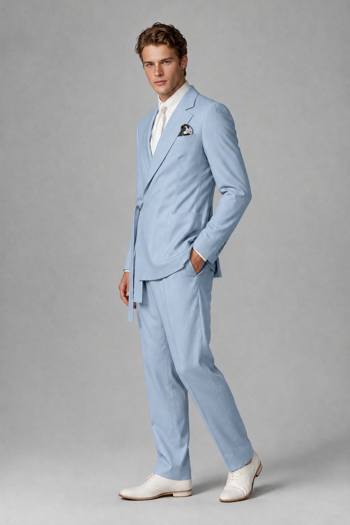 Bolodoo Men's Powder Blue Wrap Tie-Waist Two-Piece Suit – Jacket & Trousers - Powder Blue - Powder Blue_4
