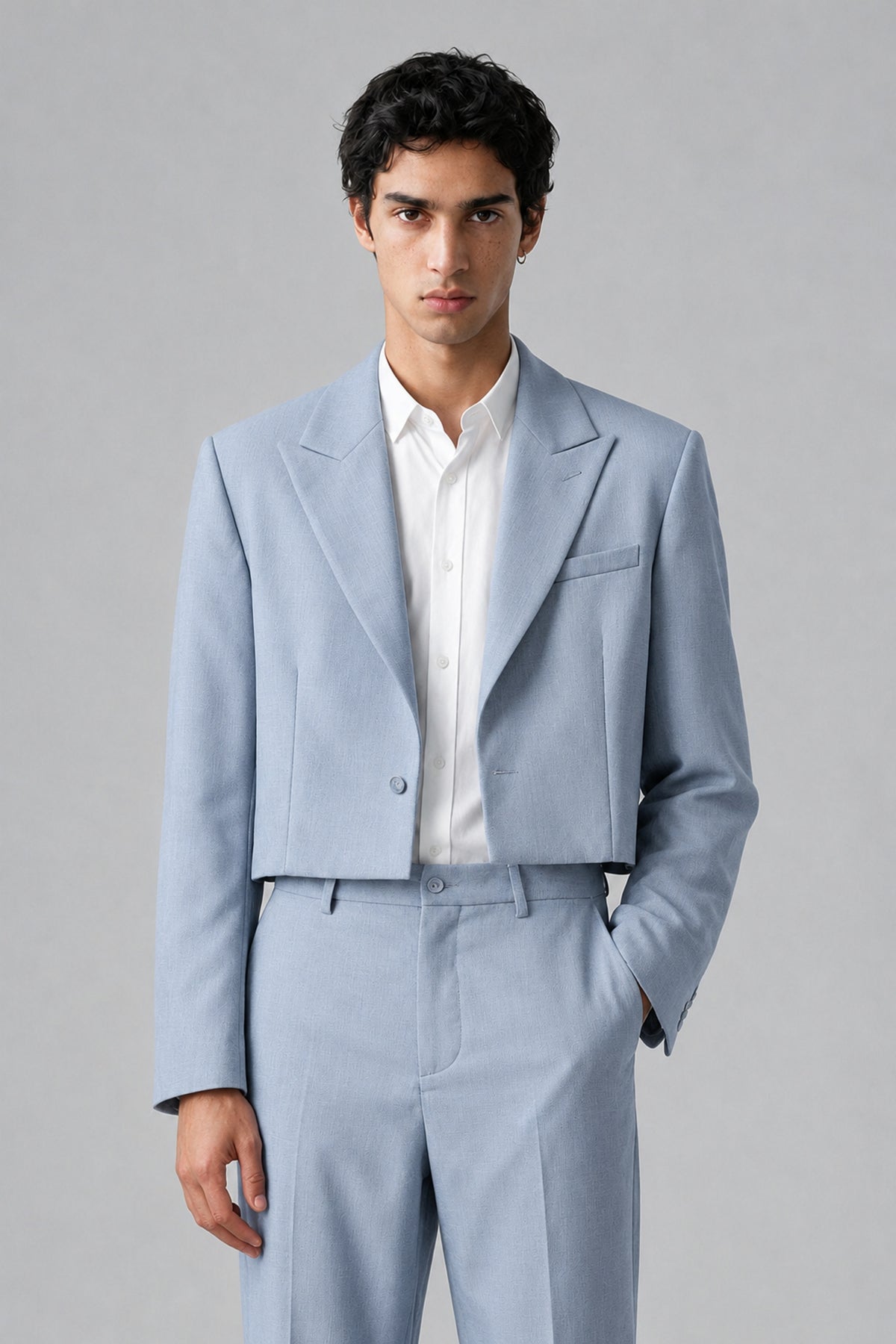 Bolodoo Men's Powder Blue Cropped Blazer & Wide-Leg Trousers 2-Piece Suit - Powder Blue - Powder Blue (1)