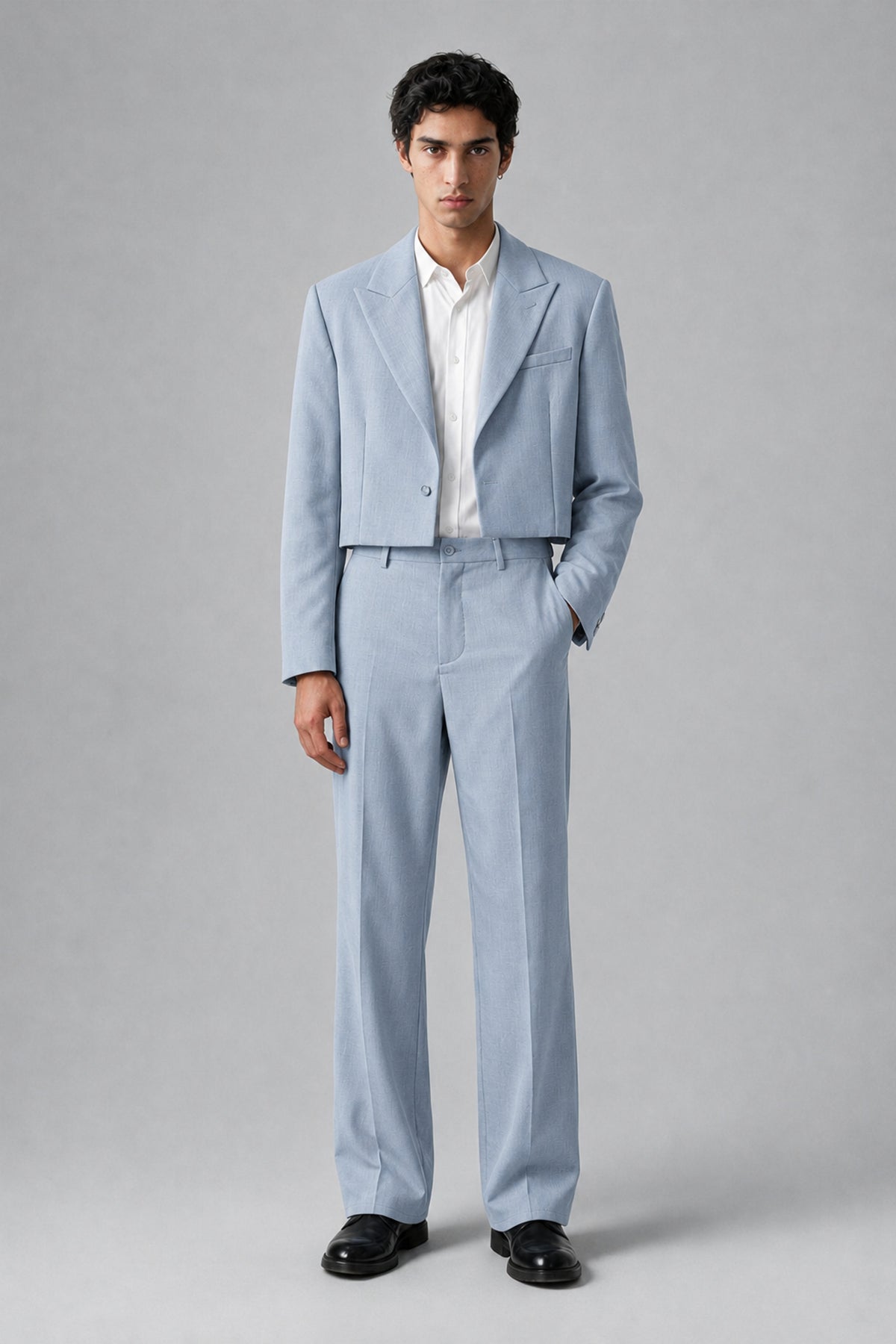 Bolodoo Men's Powder Blue Cropped Blazer & Wide-Leg Trousers 2-Piece Suit - Powder Blue - Powder Blue (2)