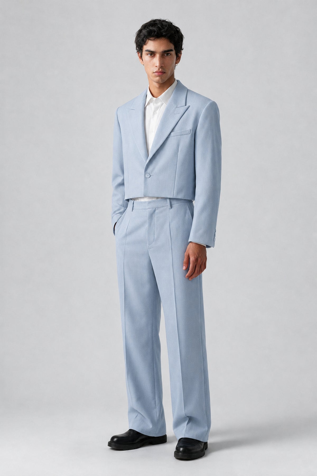 Bolodoo Men's Powder Blue Cropped Blazer & Wide-Leg Trousers 2-Piece Suit - Powder Blue - Powder Blue (3)