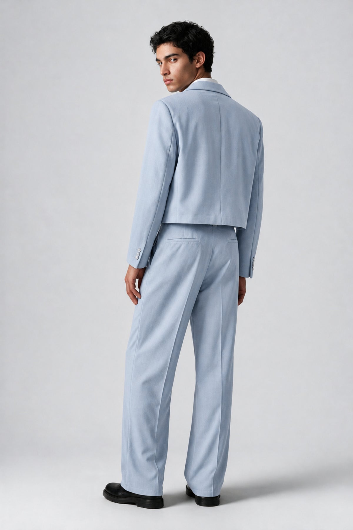 Bolodoo Men's Powder Blue Cropped Blazer & Wide-Leg Trousers 2-Piece Suit - Powder Blue - Powder Blue (4)