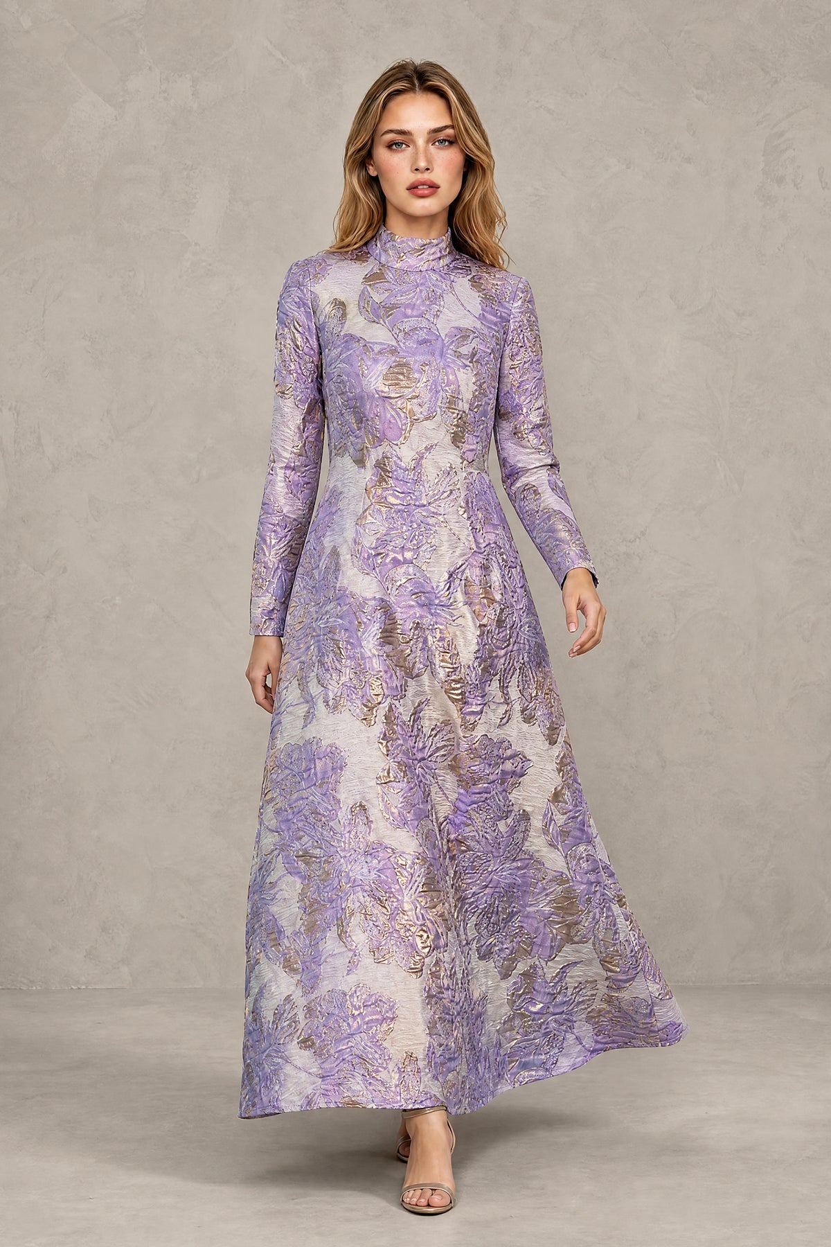 BOLODOO purple metallic floral jacquard long sleeve evening gown front view
