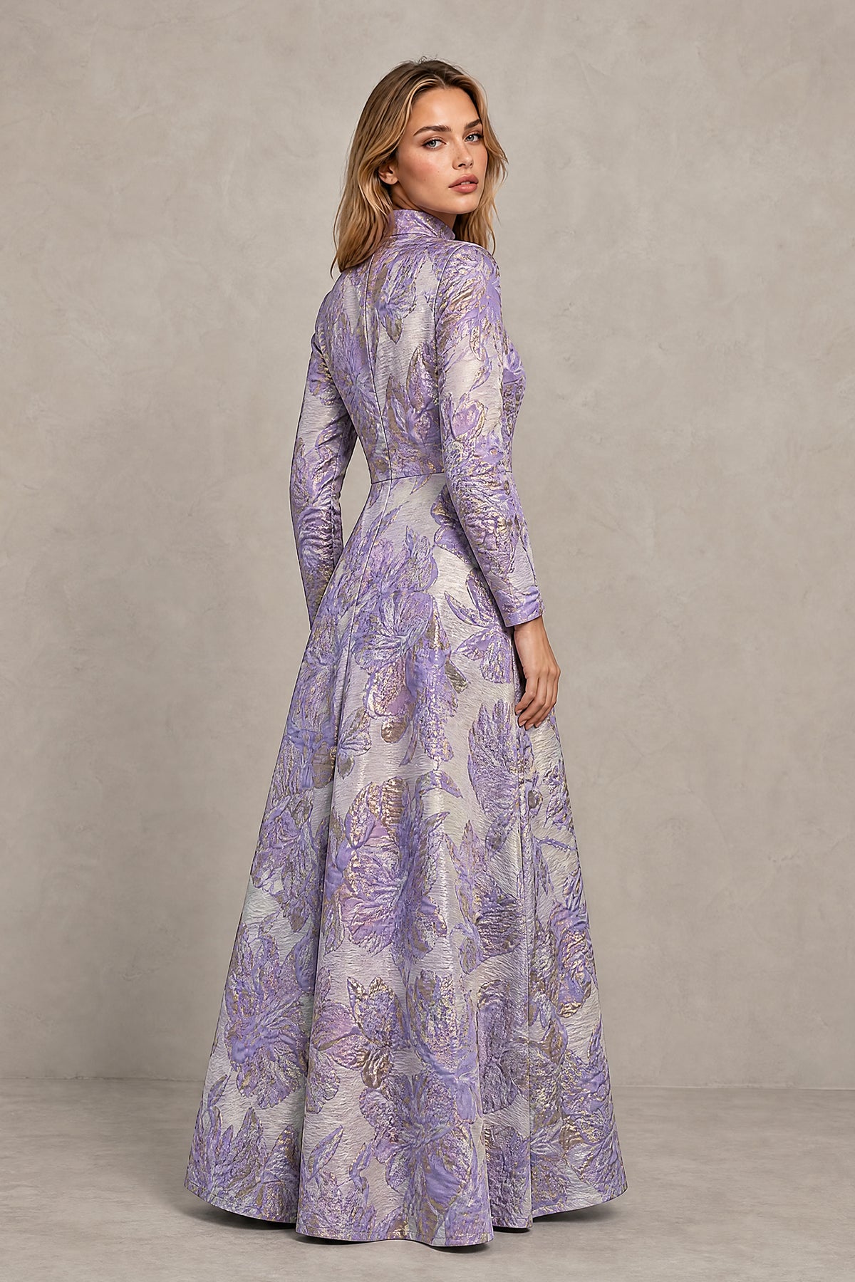 Purple long sleeve floral jacquard evening gown covered back and floor length skirt