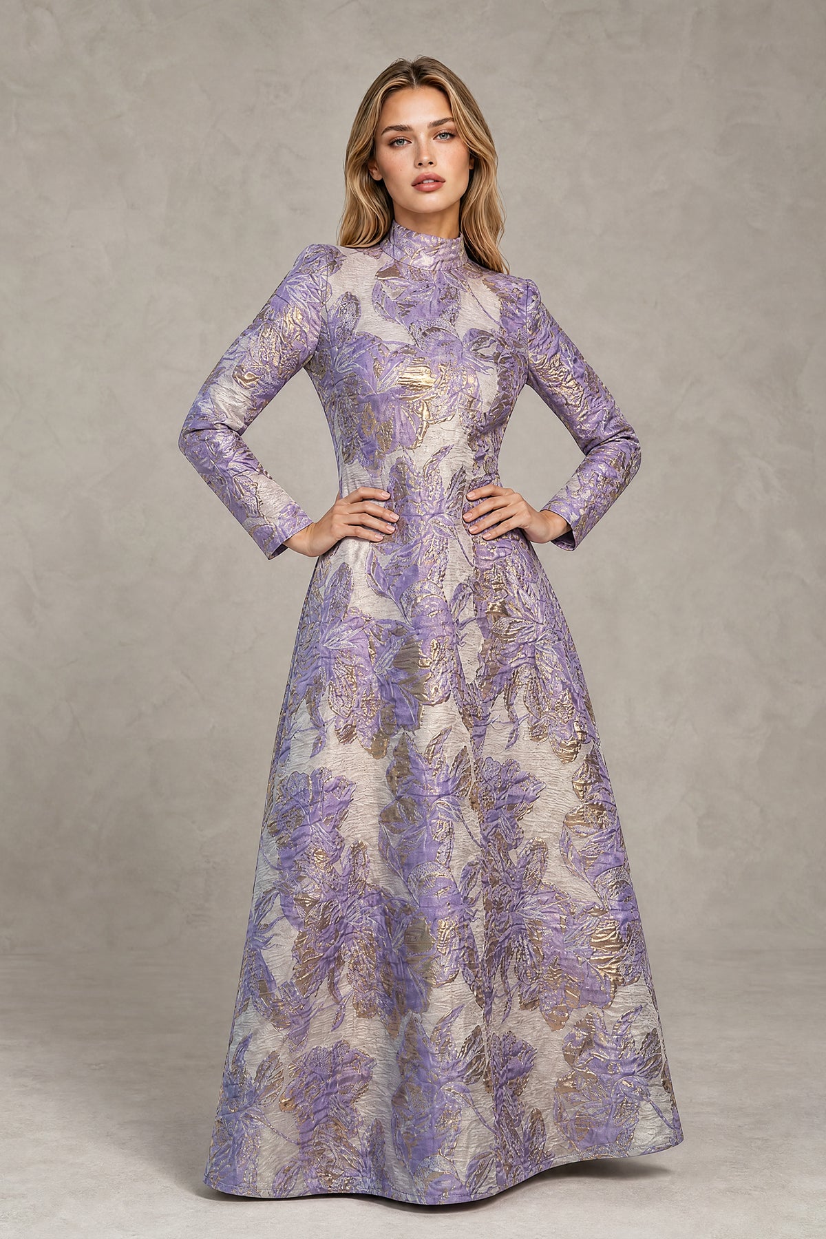 Purple floral jacquard high neck long sleeve floor length A-line formal dress