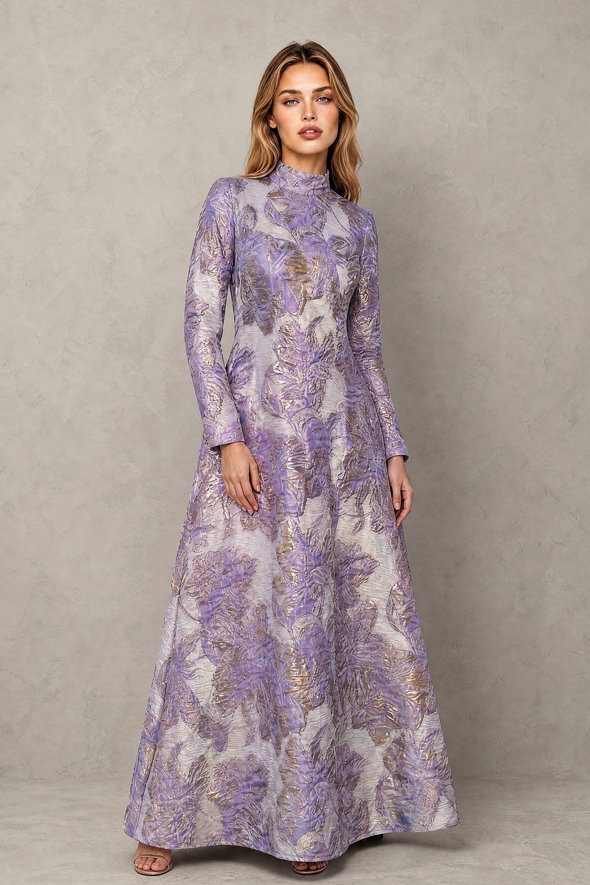 Lavender metallic floral jacquard evening gown three-quarter front view