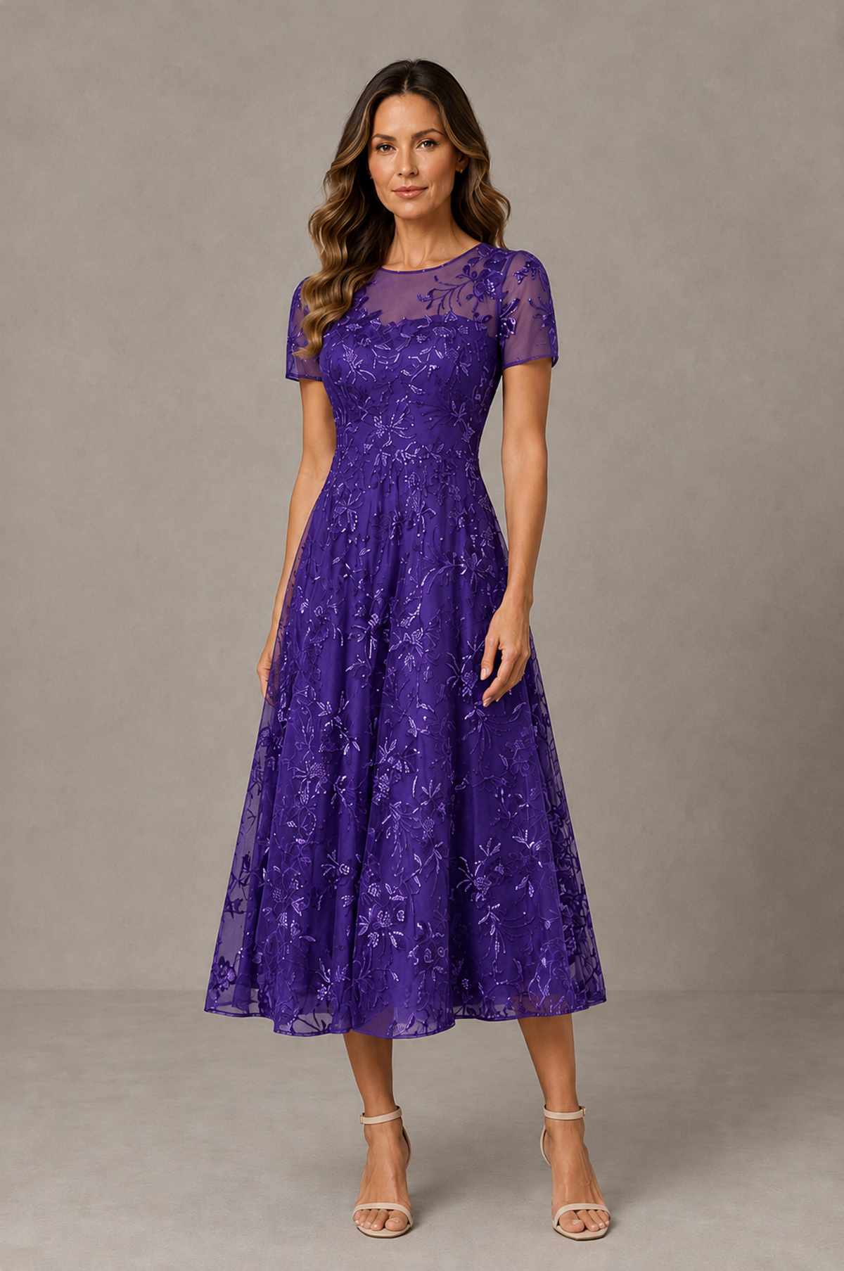 BOLODOO Purple Textured Floral A-Line Dress with Short Sleeves - Purple - Purple_01