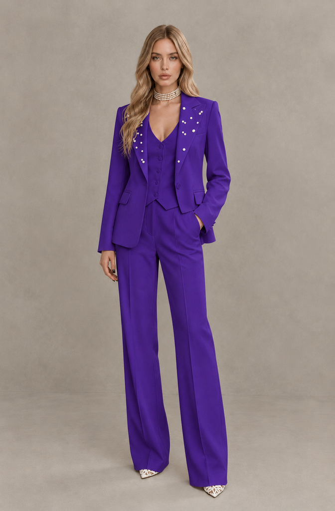 BOLODOO Purple Women's Three-Piece Pantsuit with Blazer & Vest - Purple - Purple_01
