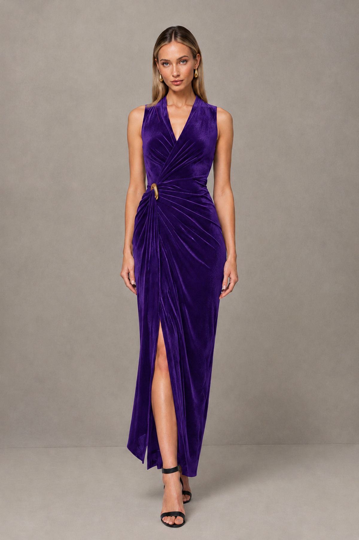 BOLODOO Purple Velvet-Look Sleeveless V-Neck Ruched Slit Maxi Dress - Purple - Purple_01