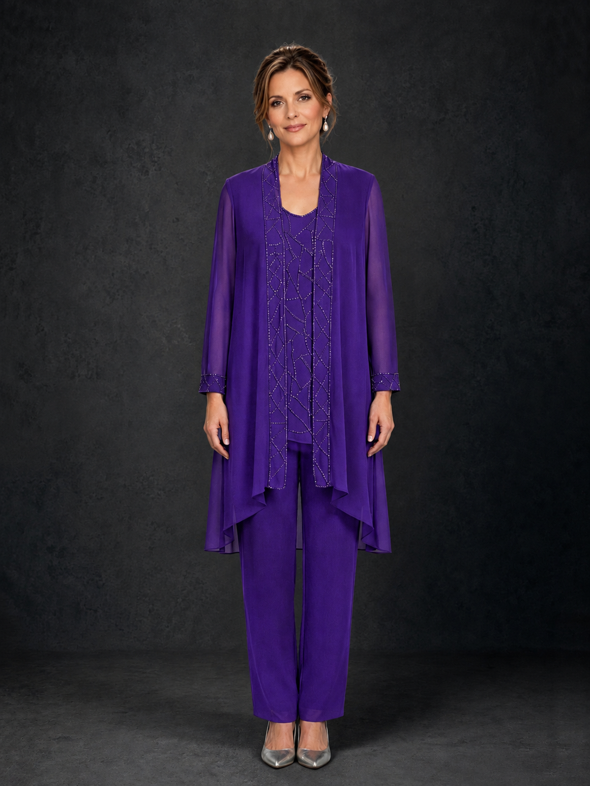 BOLODOO Purple 3-Piece Beaded Chiffon Duster Jacket Pant Suit - Purple - Purple_01