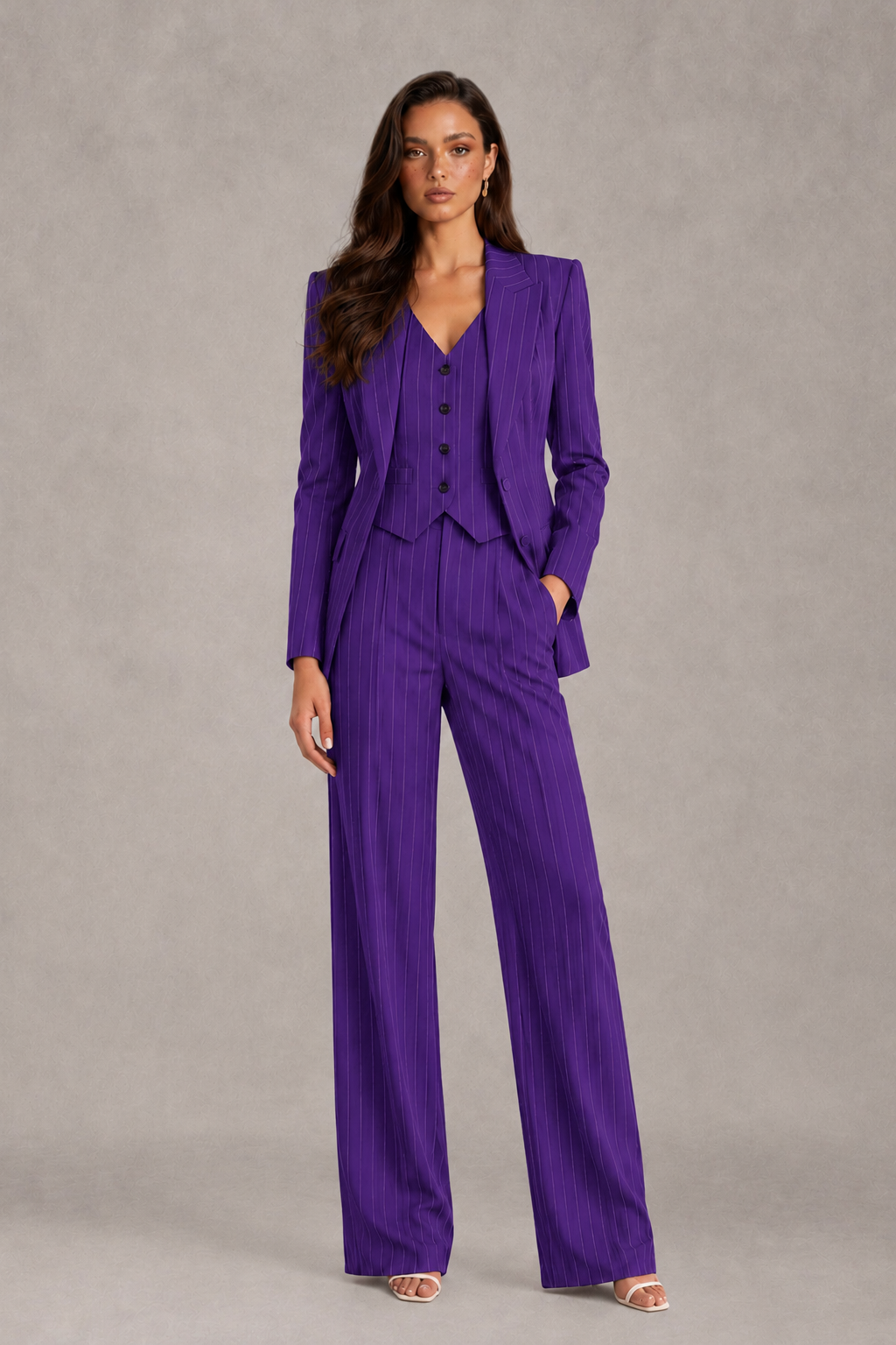 BOLODOO Women's Purple Pinstripe Three-Piece Pantsuit with Wide-Leg Trousers - Purple - Purple_01