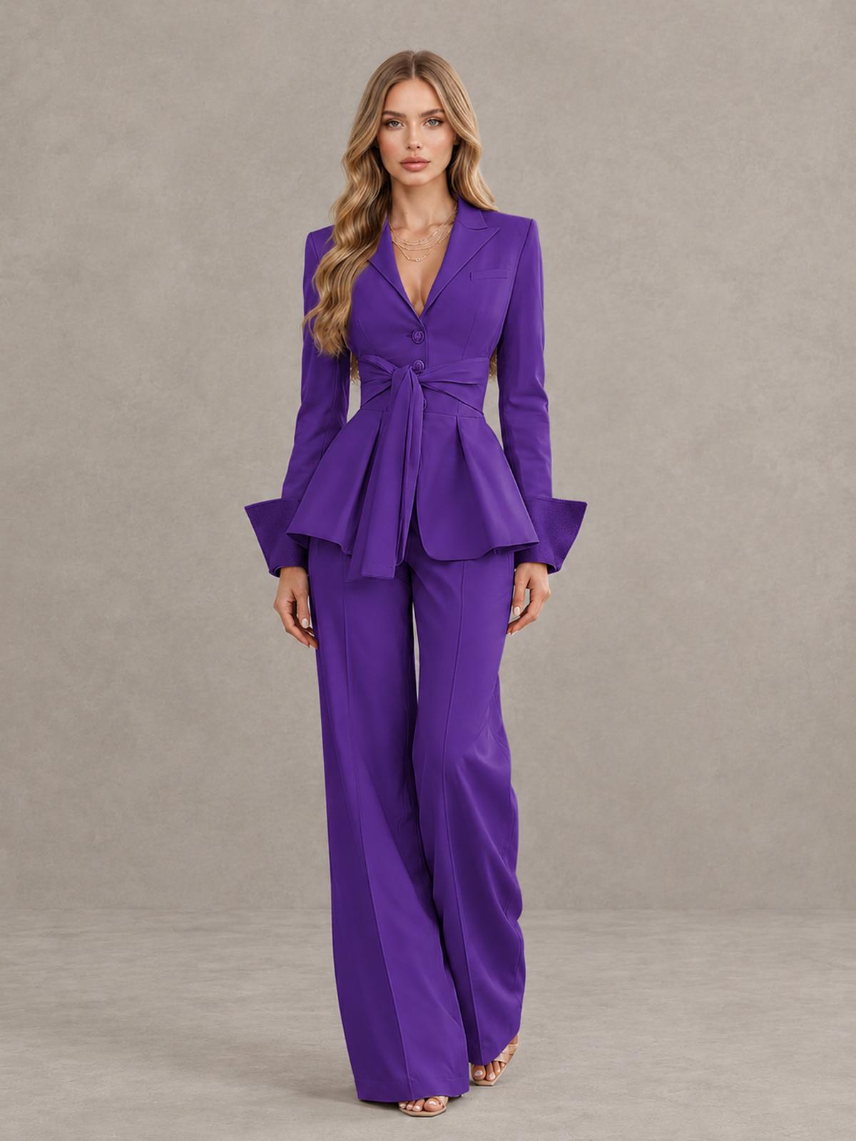 BOLODOO Purple Belted Peplum Pantsuit with Long Sleeves & Wide-Leg Trousers - Purple - Purple_01