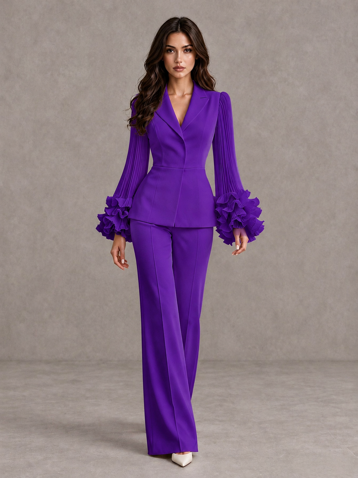 BOLODOO Purple Mother of the Bride Pant Suit – Pleated Long Sleeve Ruffle Cuff Wide Leg Trouser Suit - Purple - Purple_01